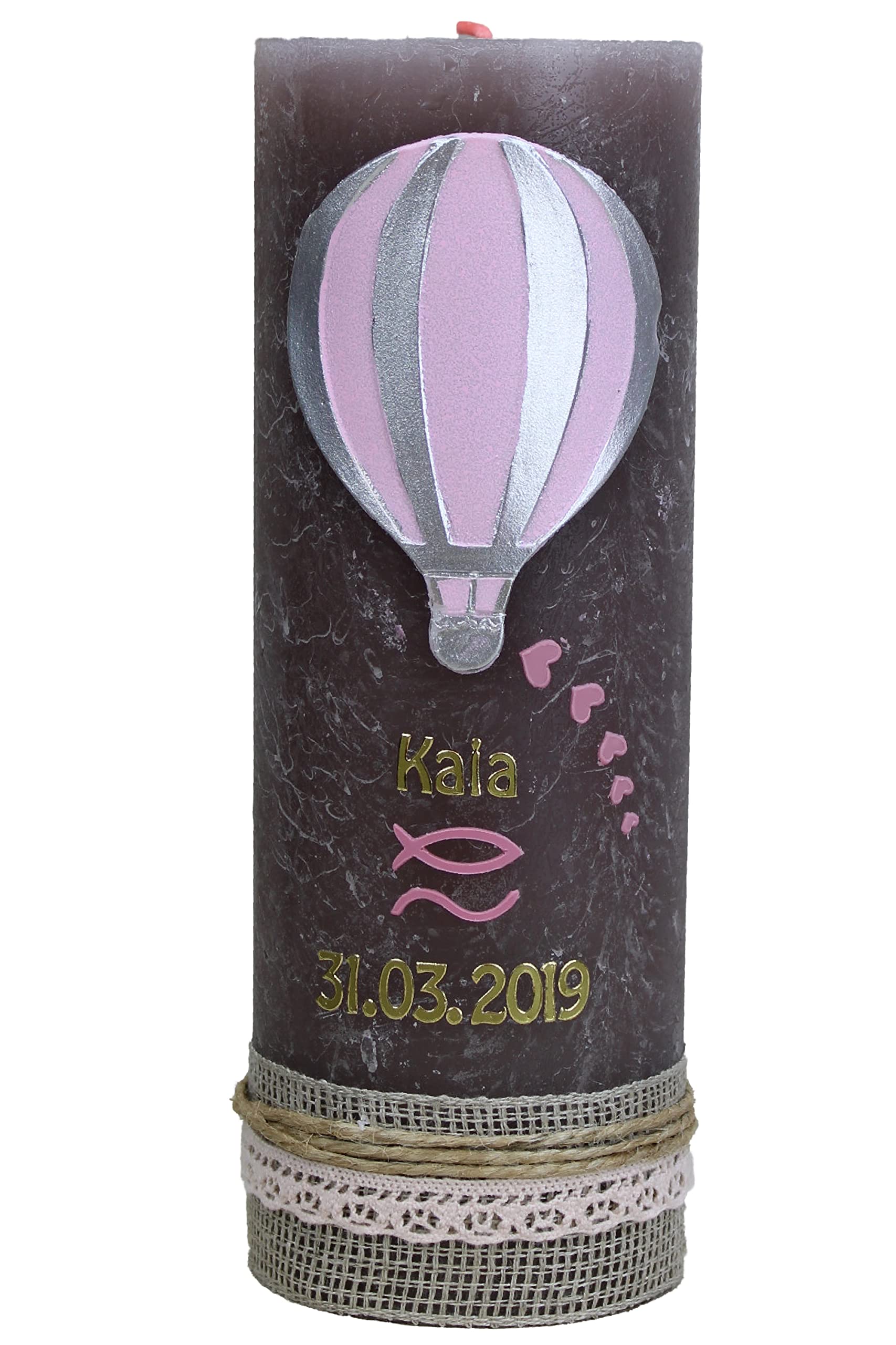 Taufkerze KAIA Junge oder Mädchen mit Name und Datum, individuell und handverziert 1449