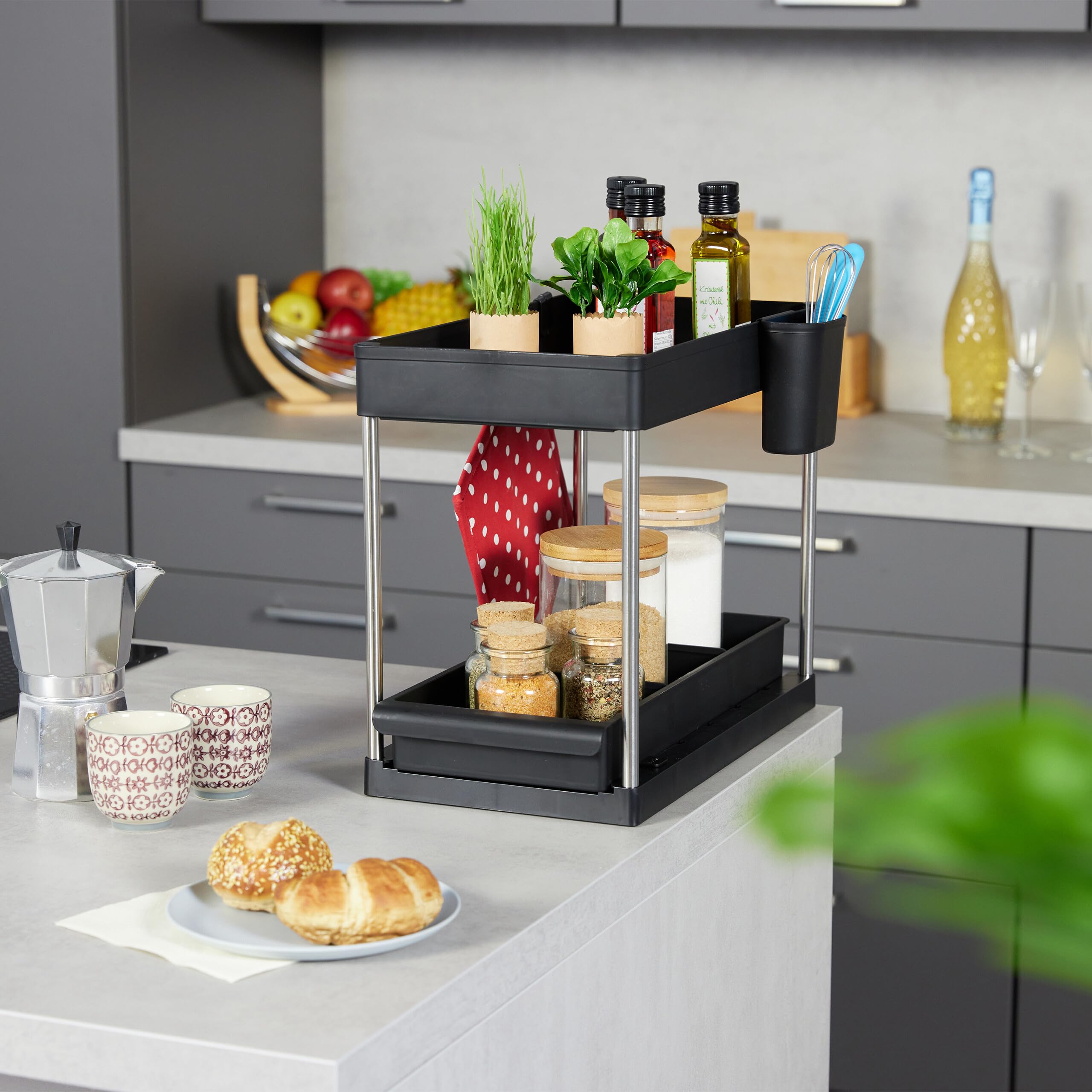 Relaxdays Lot De 2 Rangements Sous Évier 2 Niveaux - Organiseur Cuisine Blanc 4 Crochets Rangement Coulissant Cuisine