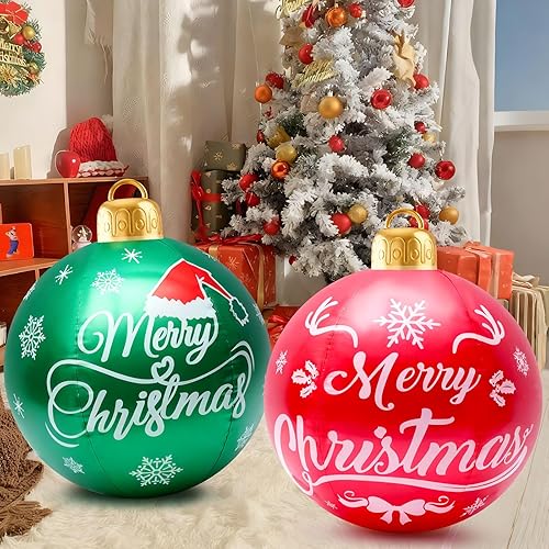 2 adornos de Navidad de 24 pulgadas, bolas decorativas grandes de PVC flocado, adornos de fiesta temática de Navidad para césped, jardín, patio y