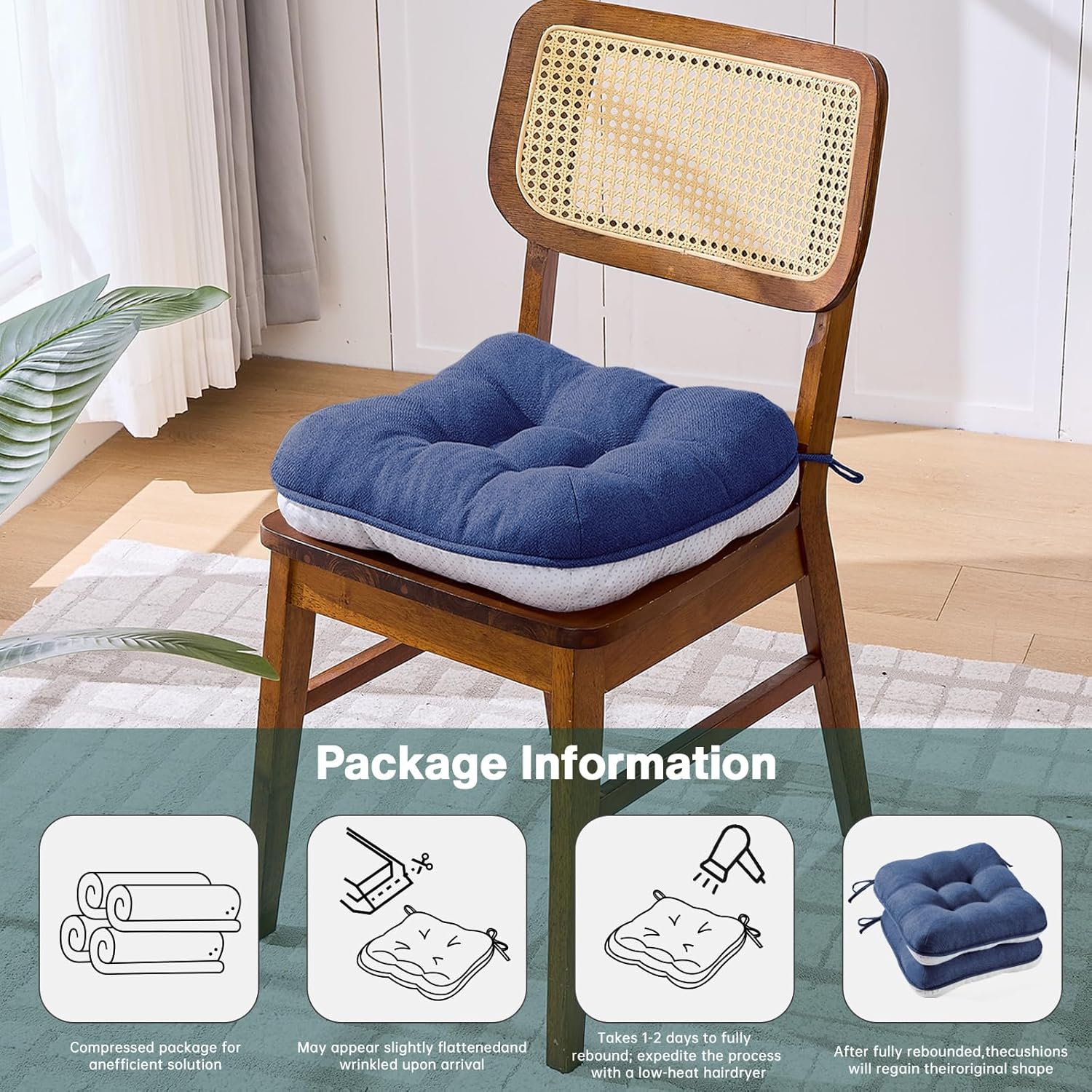 BETU Chair Cushions for Dining Chairs Set of 4,3.5" Thick Kitchen Table Chair Pads with Ties,Non Slip Backing and Covers, Seat Cushion for Dining Room,Bar,Patio Chairs,16"X16"X3.5",Navy Blue