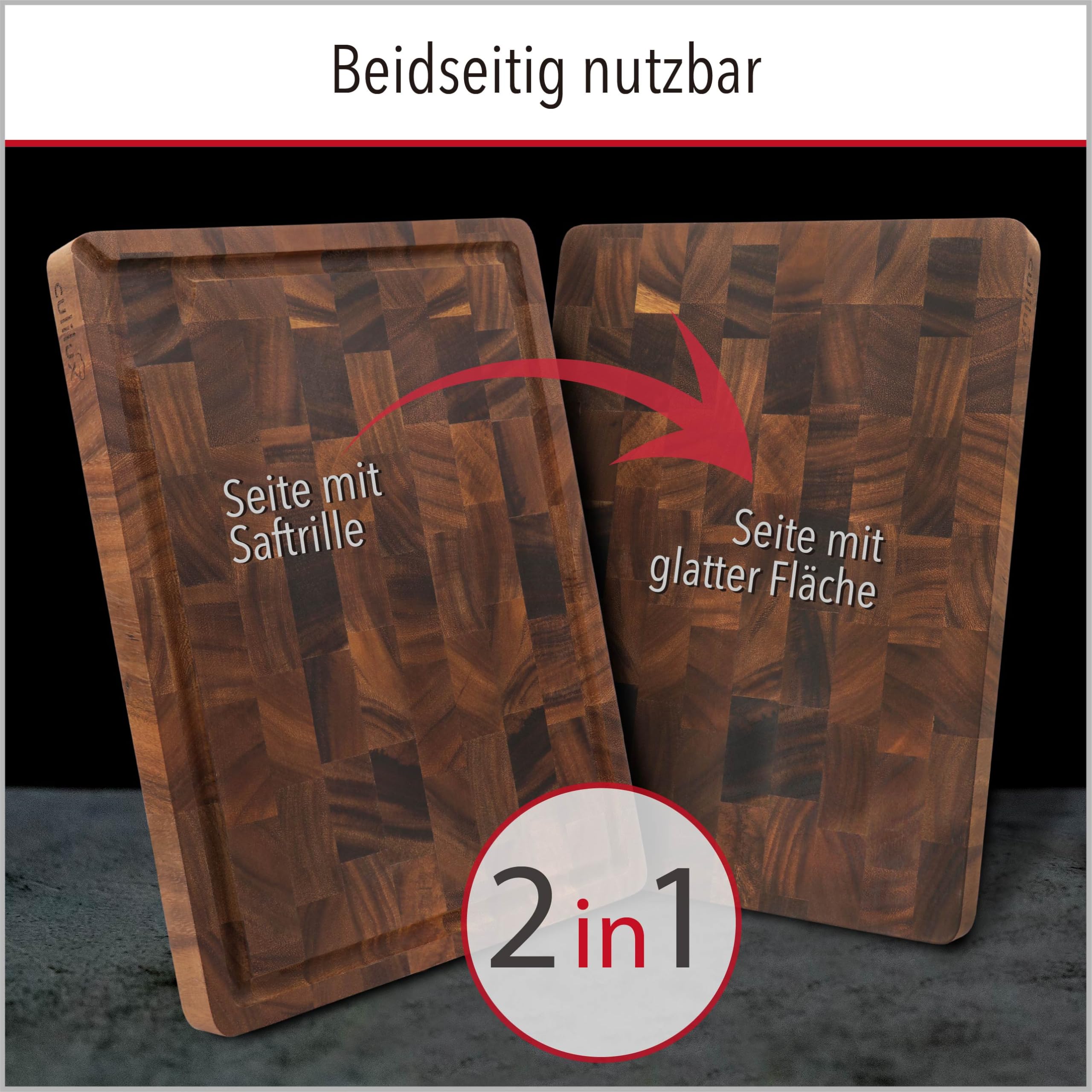 Gourmet Schneidebrett L Stirnholz Walnuss 2-seitig mit Saftrille, antiseptisches Hirnholz-Holzbrett als Schneidebrett und zum Servieren