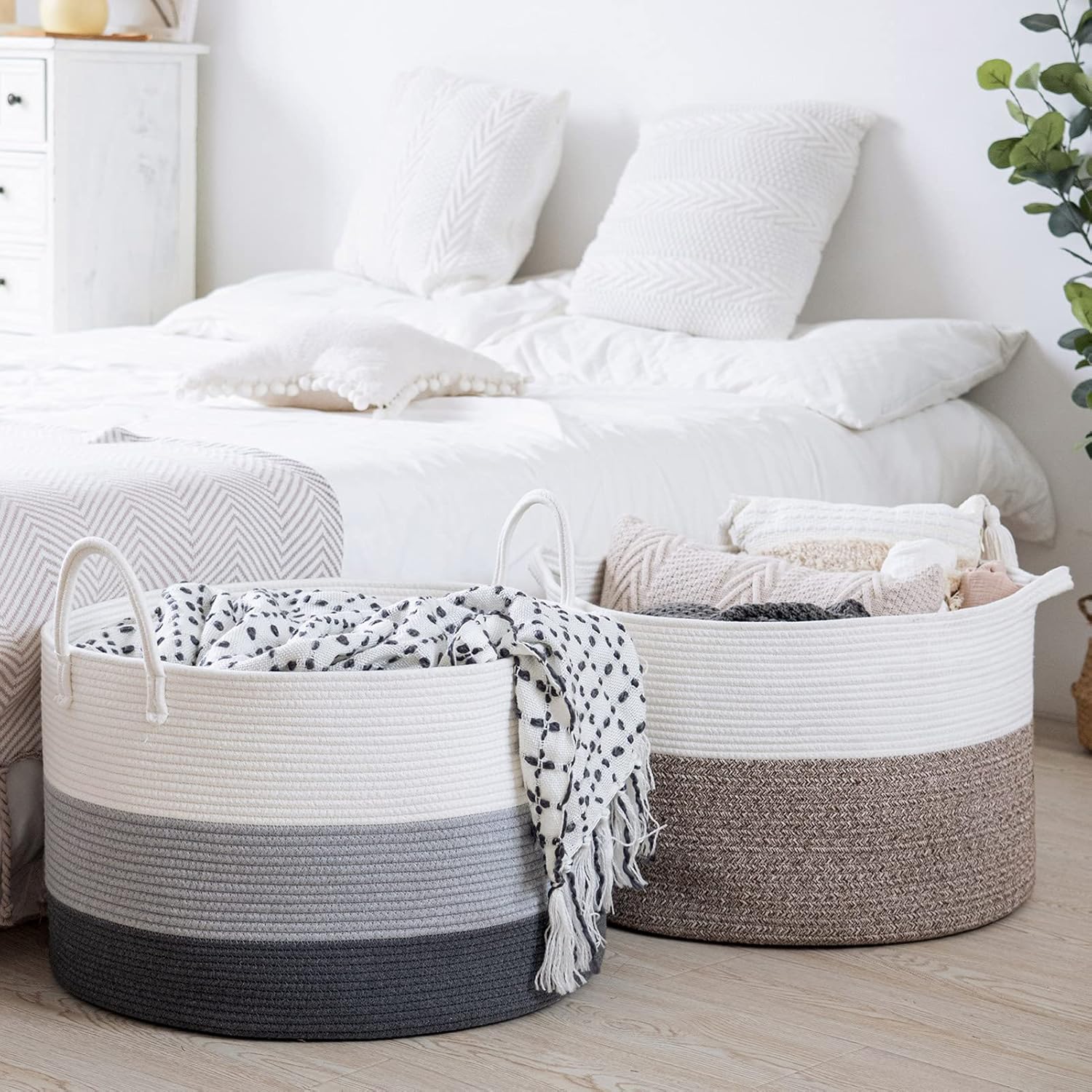 INDRESSME Woven Rope Basket Baby Laundry Blanket Basket Toy Basket with Handle (Set