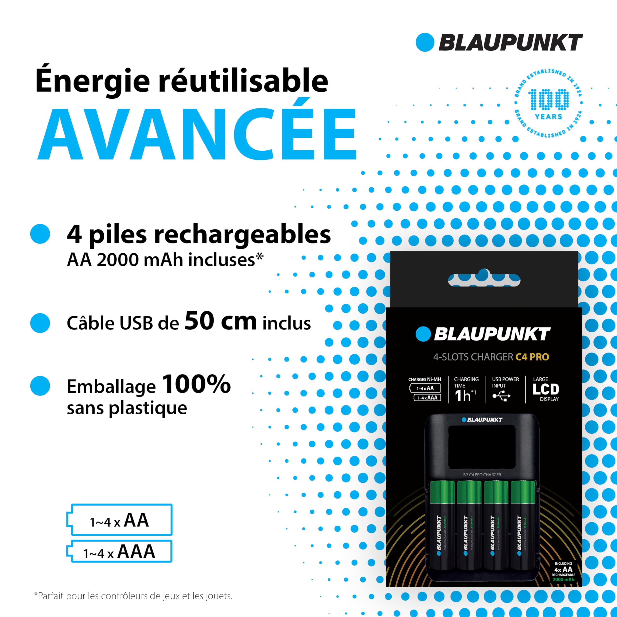 Blaupunkt Chargeur de Piles USB, pour 1-4 Piles Rechargeables AA,AAA, Rapide: 1h de Temps de Charge, 4 Blaupunkt Piles AA incluises 2000 mah