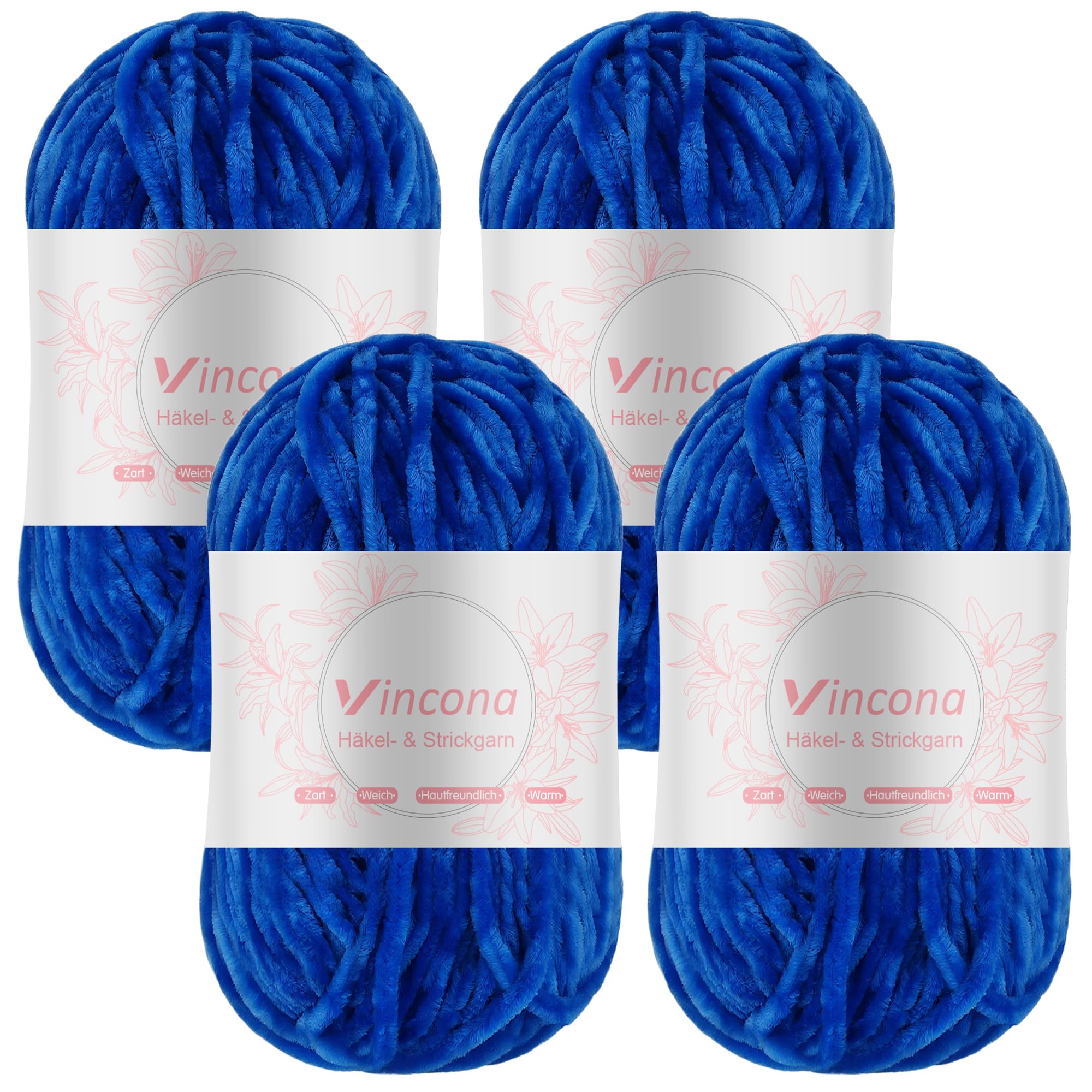Vincona Chenille Yarn 4 x 100g Super Soft Chunky Yarn for Knitting and Crochet Yarn Clothes, Handbag, Shoes Hats Sweaters Blankets Scarves，DIY- Ideal for Beginners Adults Royal Blue