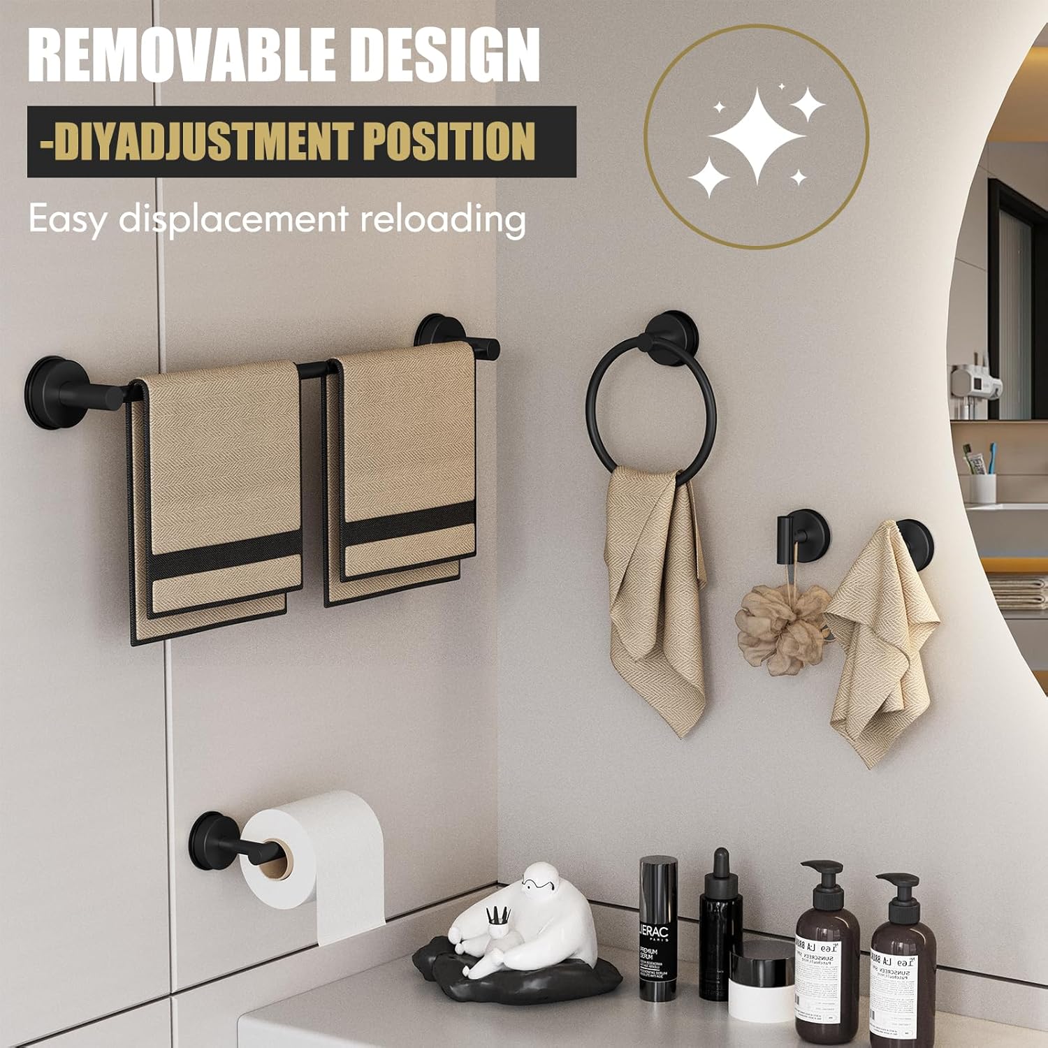 Matte Black Suction Cup Bathroom Accessories Set,Towel Racks for Bathroom,5 Piece Bathroom Hardware Set Restroom Accessories,Includes 24 inch Towel Bar,Towel Ring,Toilet Paper holder,Suction Cup Hooks