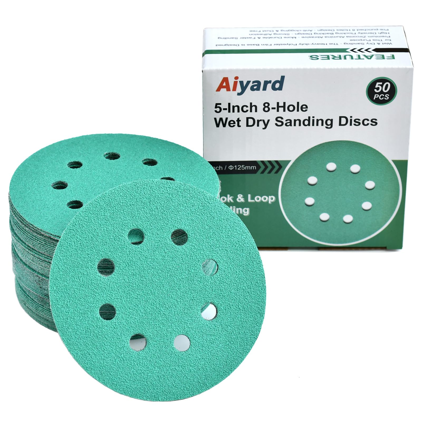 Aiyard 5-Inch 8-Hole Wet Dry Sanding Discs 60 Grit, Polyester Film Backed Heavy-Duty Hook and Loop Sandpaper for Random Orbital Sander, 50-Pack