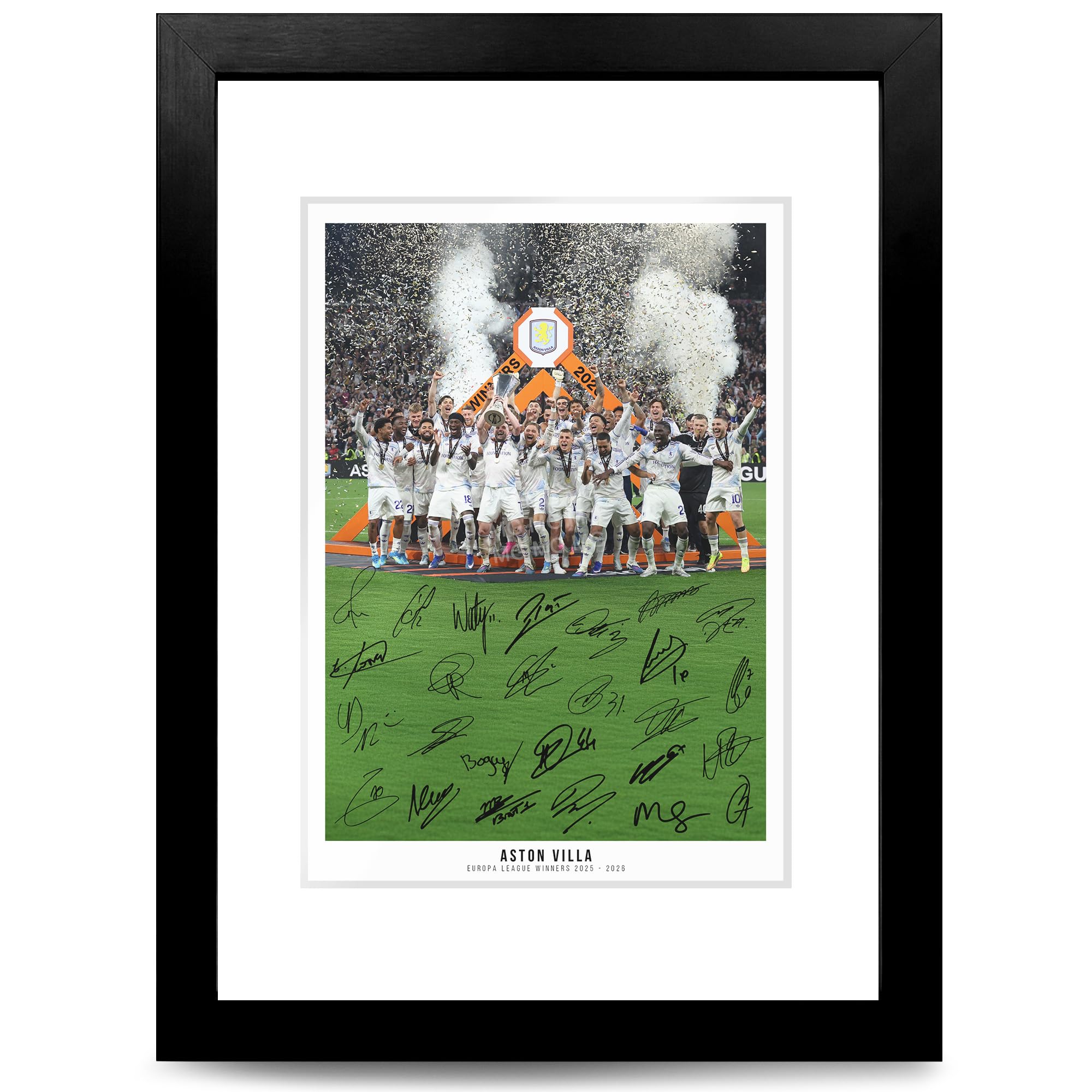 Aston Villa Europa League Winners 2025-2026 Team Squad Signed Poster Print Framed Picture Photo Autograph Gift 25/26 Ollie Watkins Morgan Rogers Mcginn (Europa 2026, A4 Framed & Mounted)