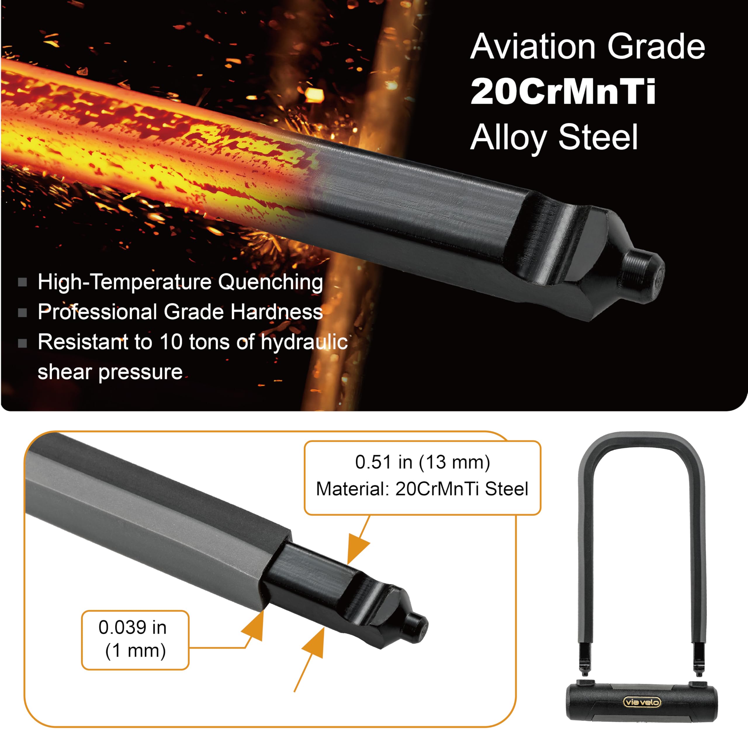 Lucchetto A U Via Velo Per Bici - Acciaio 20CrMnTi, Grillo Lungo, Certificazione Gold, Antifurto Per Bici E Scooter - Foto 3