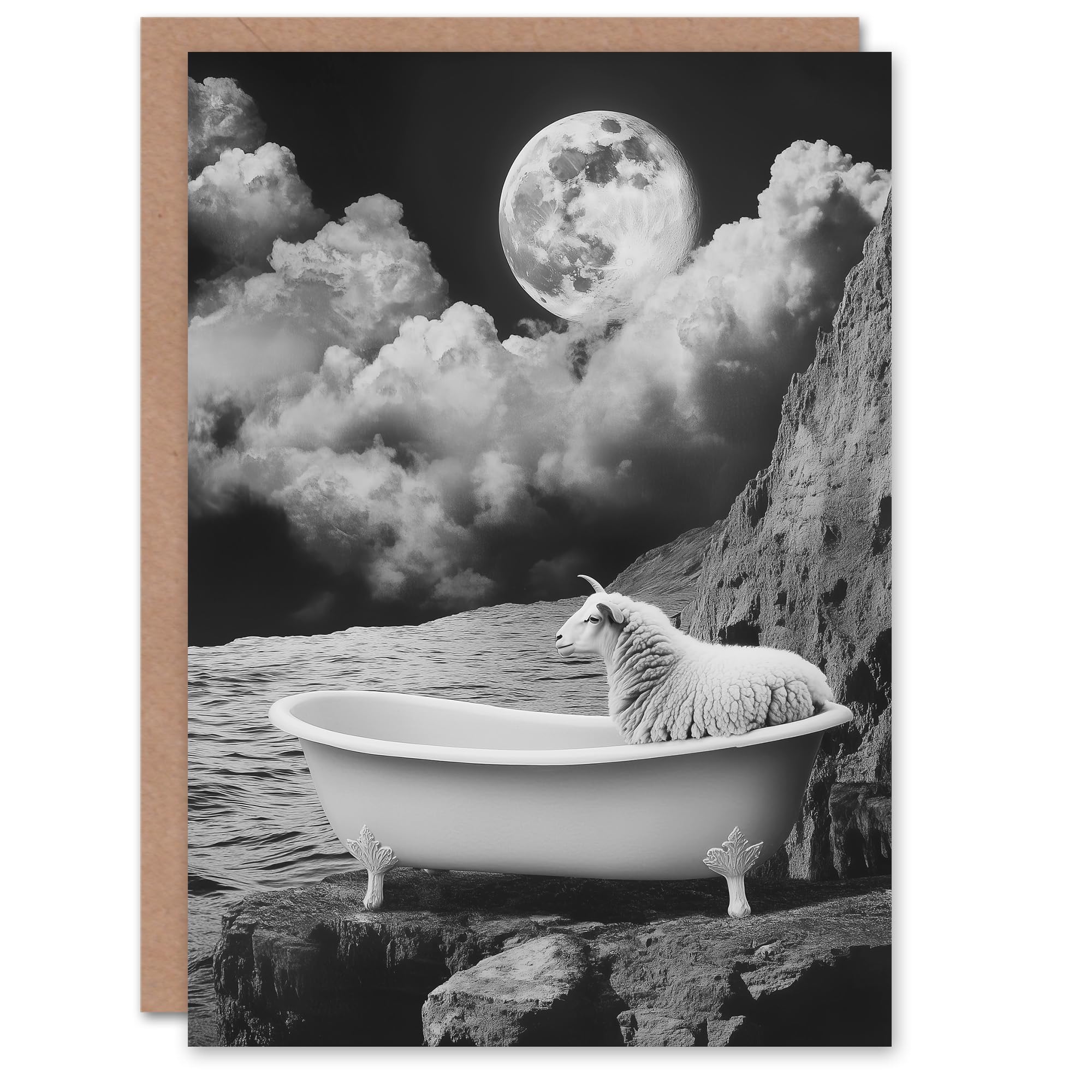 Sheep in Bathtub Surreal Black White Full Moon Birthday Greeting Card