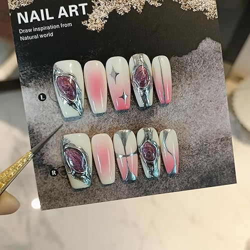 10pcs Coffin Press-On Nails Kit,Punk Metal Glam False Nails with