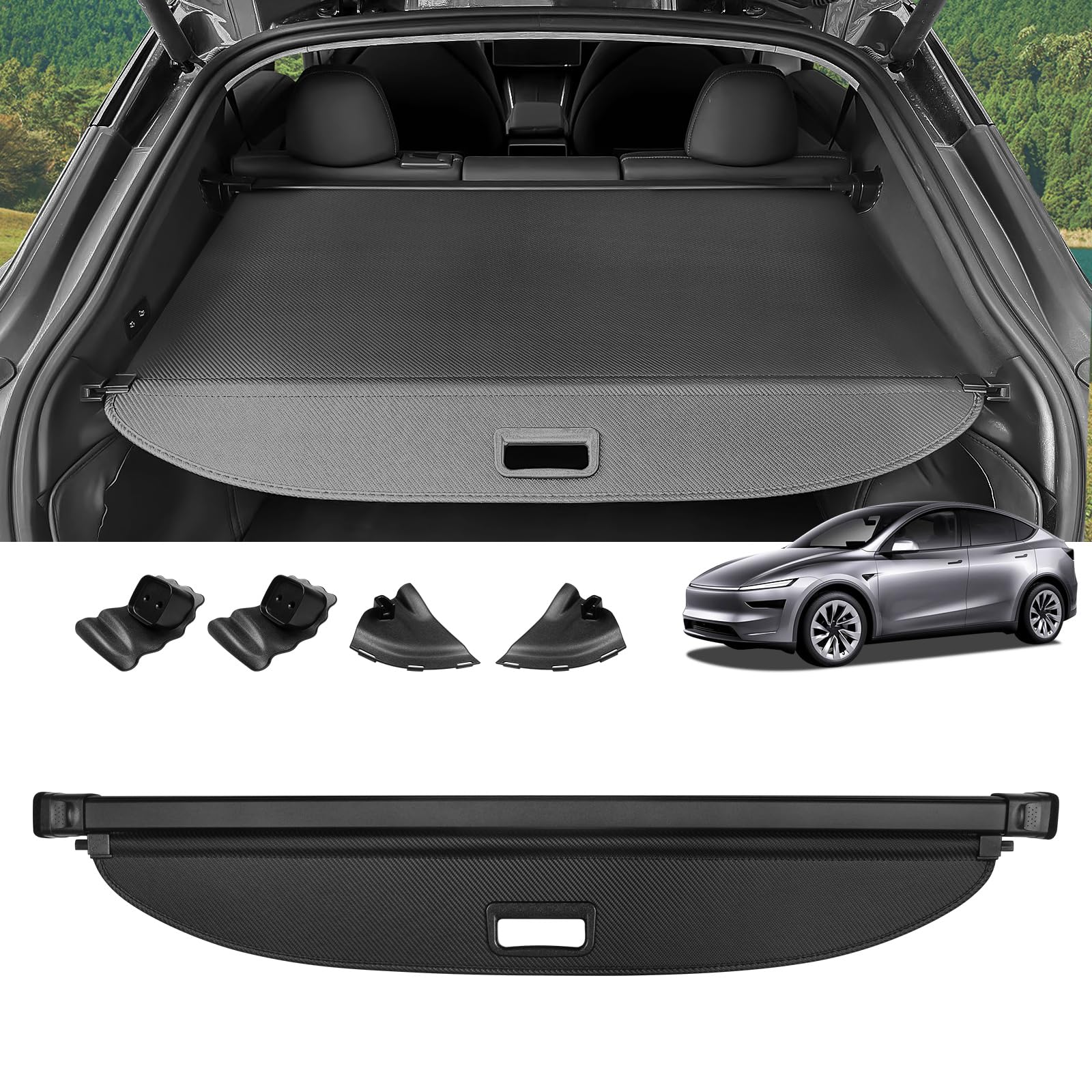 Cargo Cover for Tesla Model Y Juniper 2025 2026 (Fit 5-Seaters) Accessories Retractable Trunk Cover Security Shielding Shade Cargo Luggage Cover Trunk Privacy Protection (Carbon Fiber Texture)