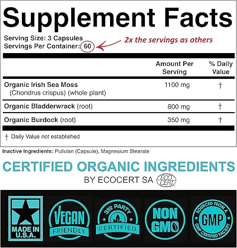 Miniatura 2 de Cápsulas de musgo marino orgánico certificado, 2250 mg de musgo marino irlandés silvestre, suplemento de raíz de bardana, píldoras de masa marina