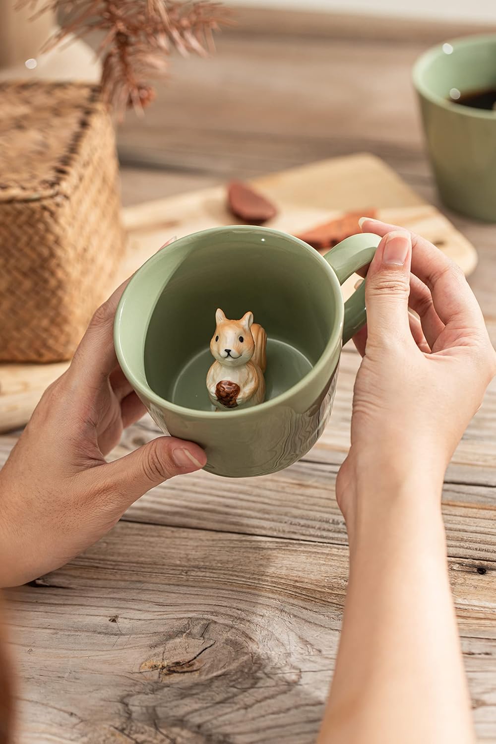 DIHOclub Squirrel Ceramic Cup Hidden 3D Animal Inside Mug,Cute Cartoon Handmade Figurine Mugs,Holiday and Birthday Gift for Coffee Milk Tea Lovers,12 OZ(Light Green) - Image 9