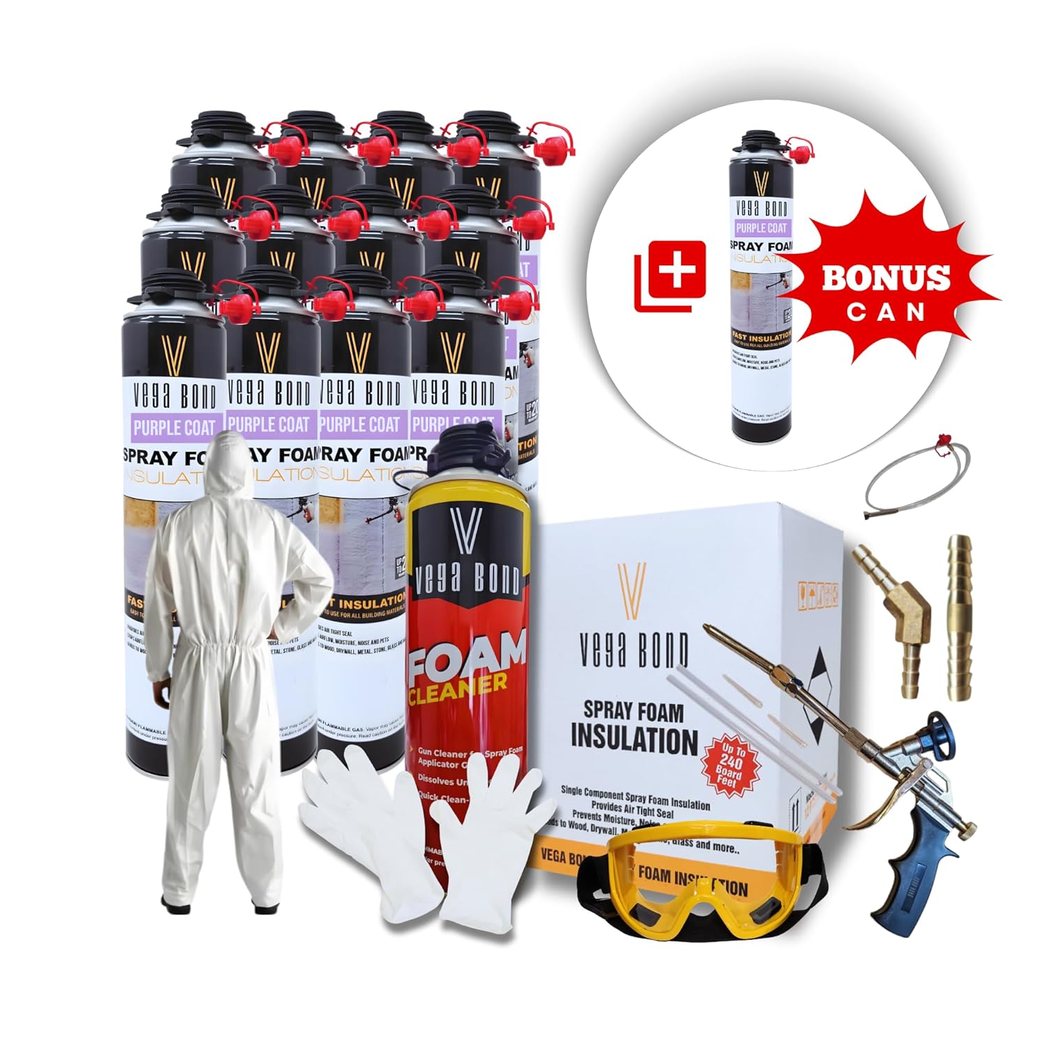 Vega Bond SF001 12-Pack Complete Set with Suit, Premium Single Component, Self Expanding, Purplecoat Closed Cell Insulation Spray Foam, 29 oz w/ 11.3 R-Value, Acoustic Spray (240 Board Feet Coverage)