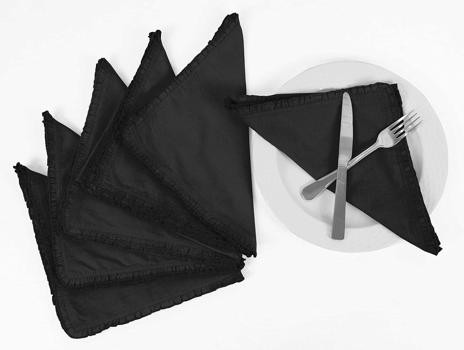 Black Solid Home Decor Everyday Washable Frill Placemats with Napkins Dining Table Decor-Pack of 6