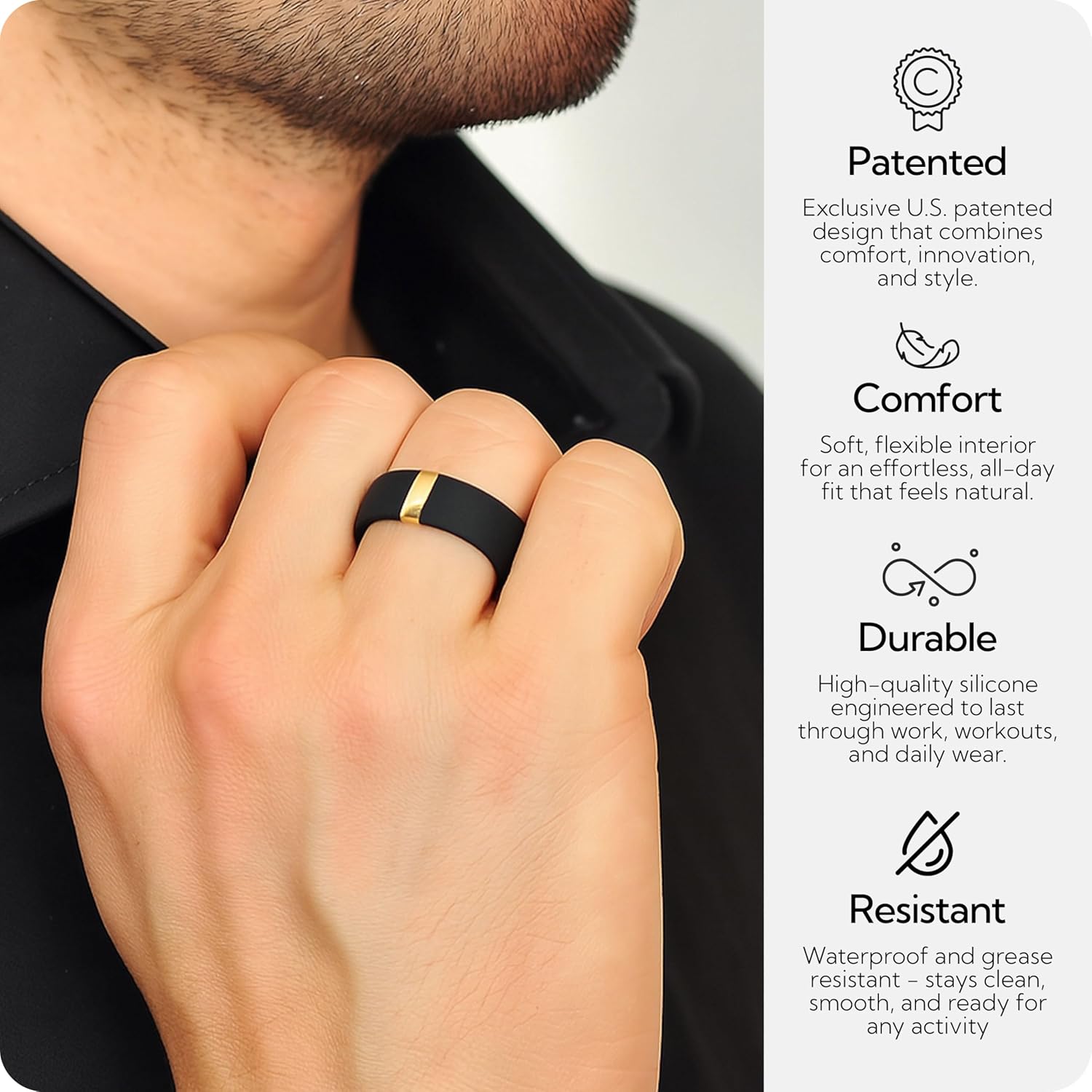 Rinfit Silicone Rings for Him - Classic Rounded Rubber Wedding Bands for Men with Stainless Steel Plate - MetalBar - Image 3
