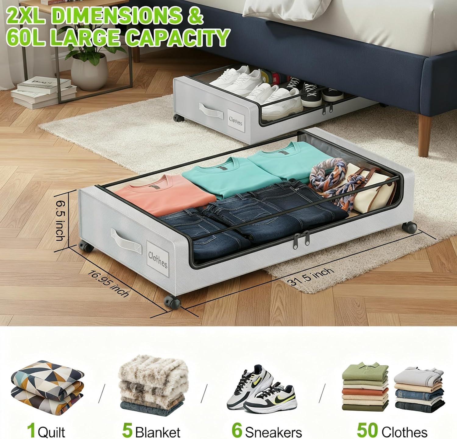 under bed storage with wheels, 2-pack rolling storage containers with thick handles, clear window & label, large capacity underbed storage bins for clothes, shoes, blankets, toys (grey)