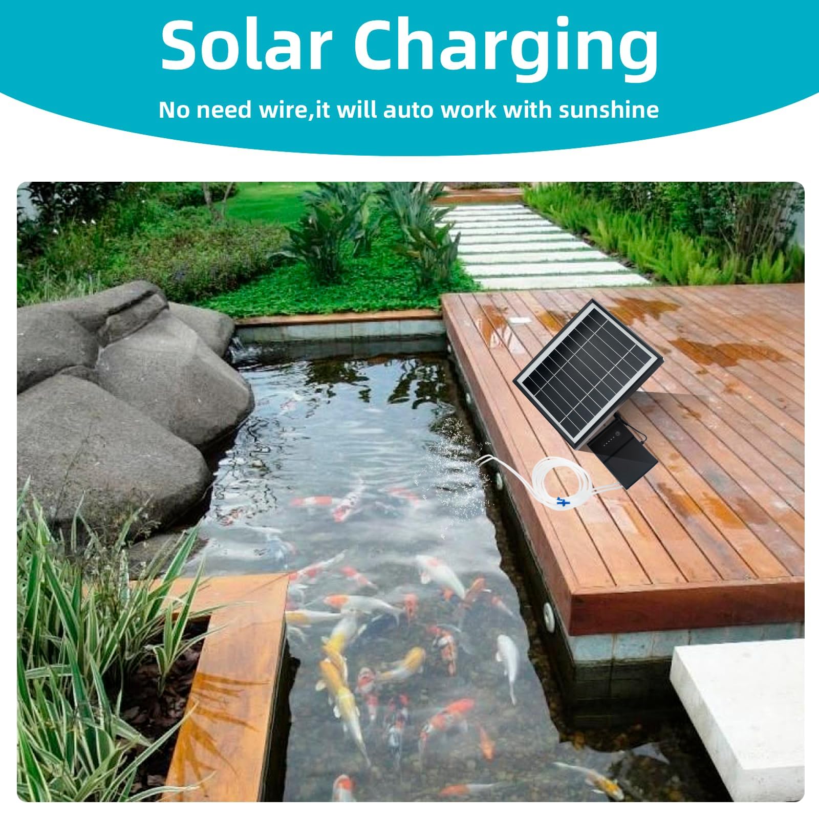 Pompes à air solaires, charge Type-C et charge solaire disponibles, oxygénateur 5W Pompe à air pour aquarium Aérateur de pêche avec tuyau Pierres à bulles d'air, pompe à oxygène solaire pour