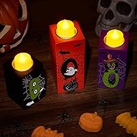 Vista 2 de BlcTec Decoraciones de Halloween, 3 portavelas de madera de Halloween con velas de té LED y artesanía de tallado 3D, centros de mesa de madera