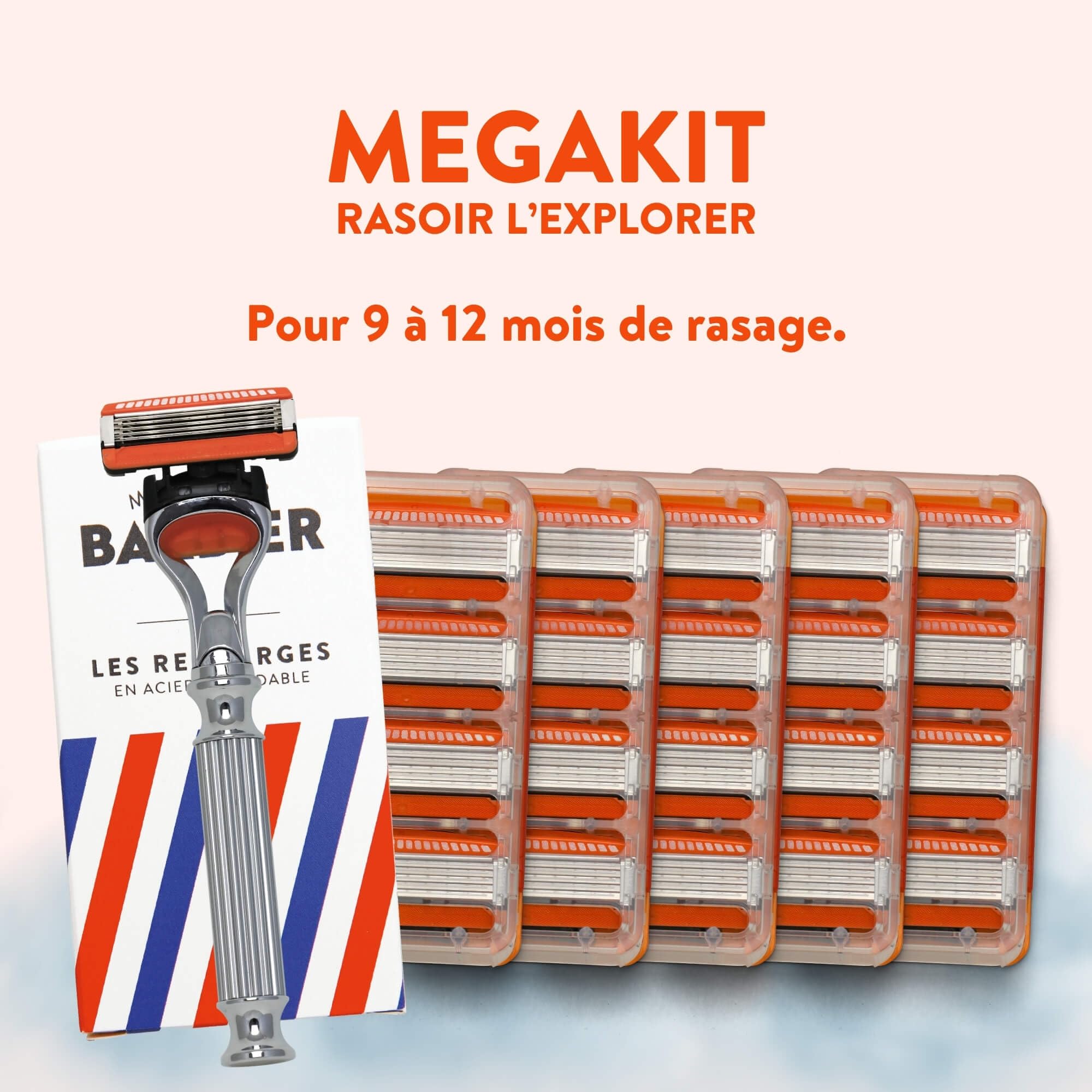 Monsieur BARBIER Afeitadora 5 Cuchillas Hombre EXPLORER + 20 Recambios | Mango de acero inoxidable compatible FUSION. Cabezal giratorio 40°, doble banda lubricante. Afeitado muy apurado, en húmedo.