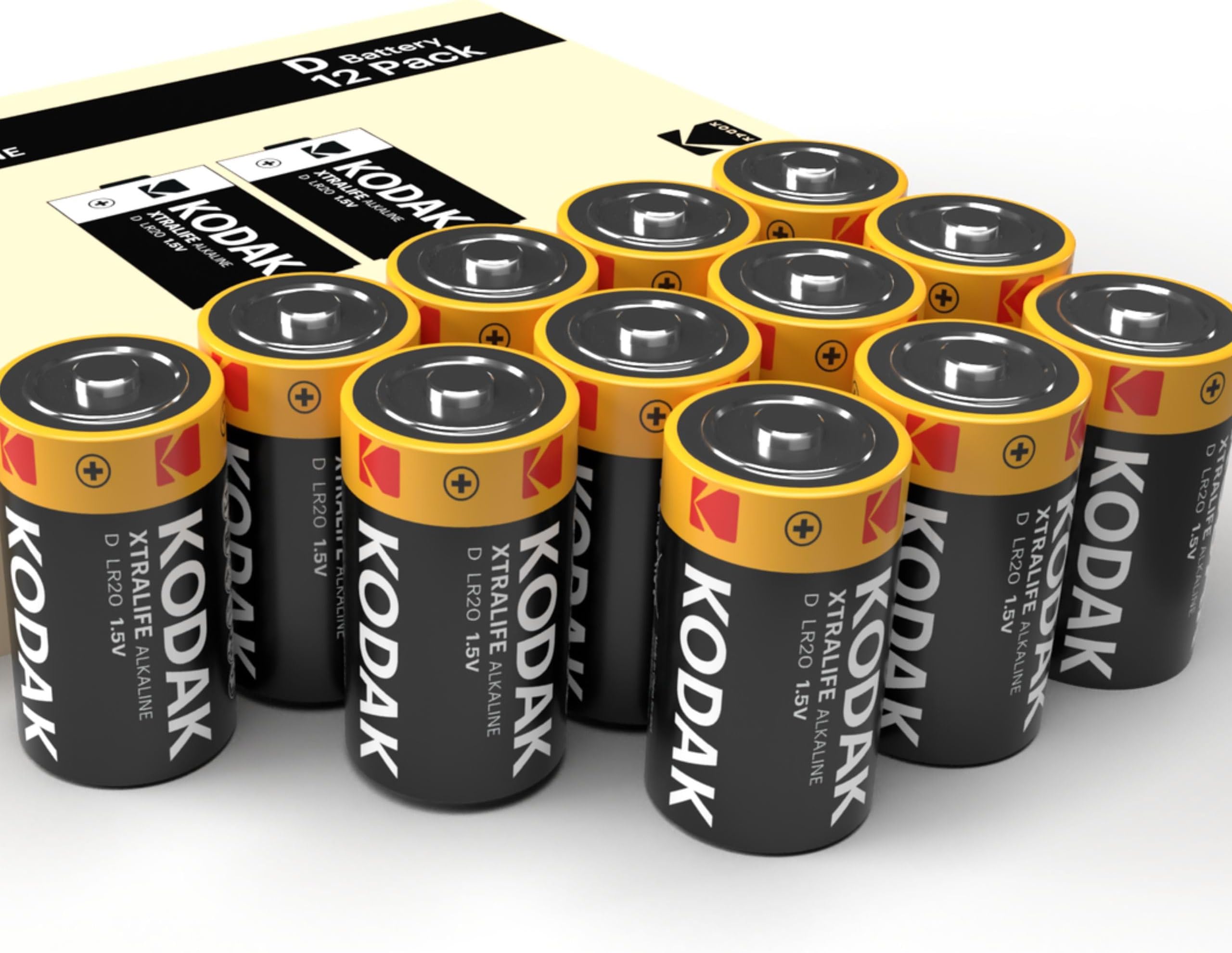 Kodak Xtralife D Cell Batteries 12-Pack, 1.5V D Size Alkaline Battery (LR20) for Torches, Toys, Flashlights and Electronic High-Drain Devices, 10-Year Shelf Life (12 Count)