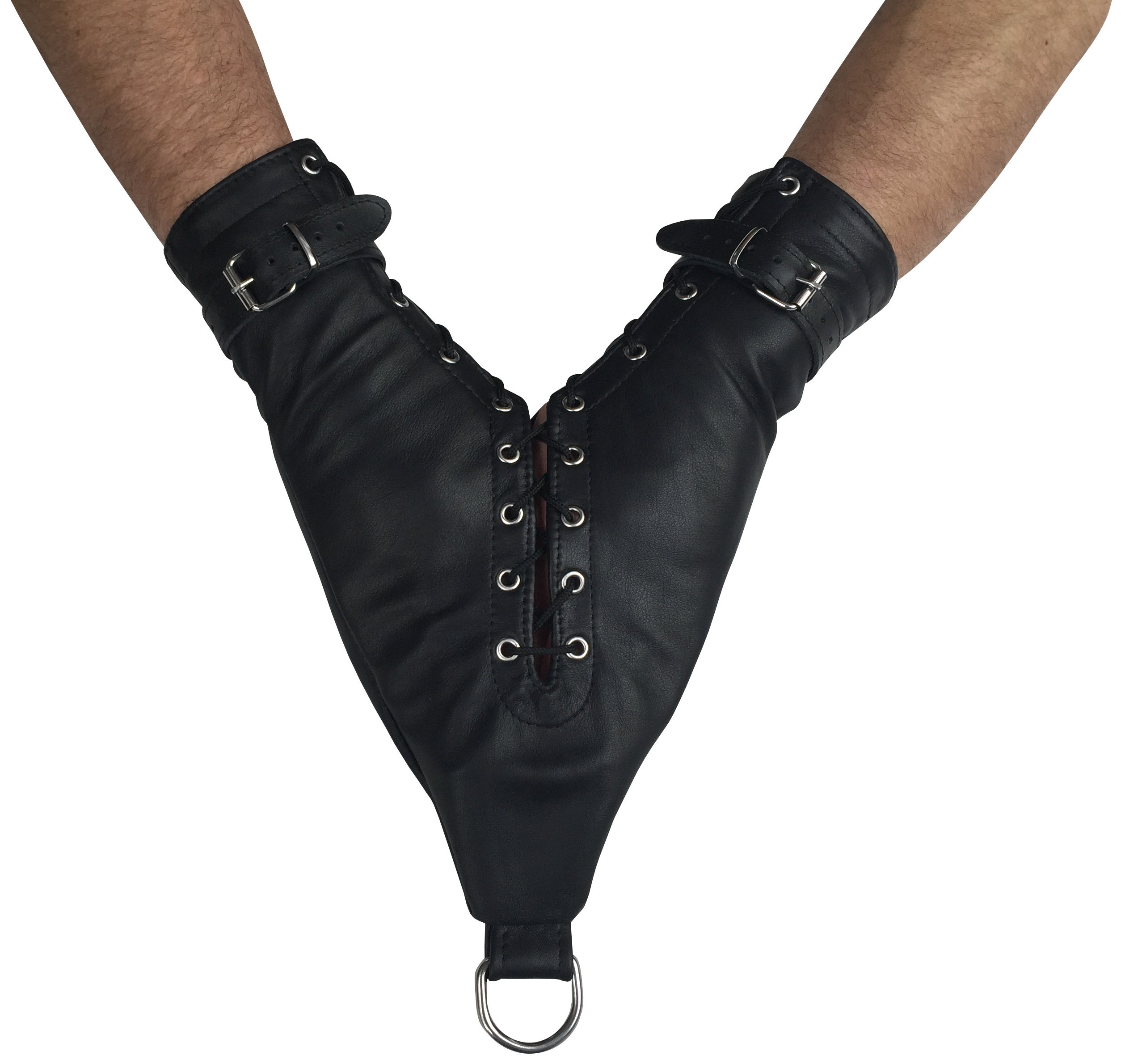 BDSM Bondage Leder Handfesseln Doppel Monohandschuh schwarz