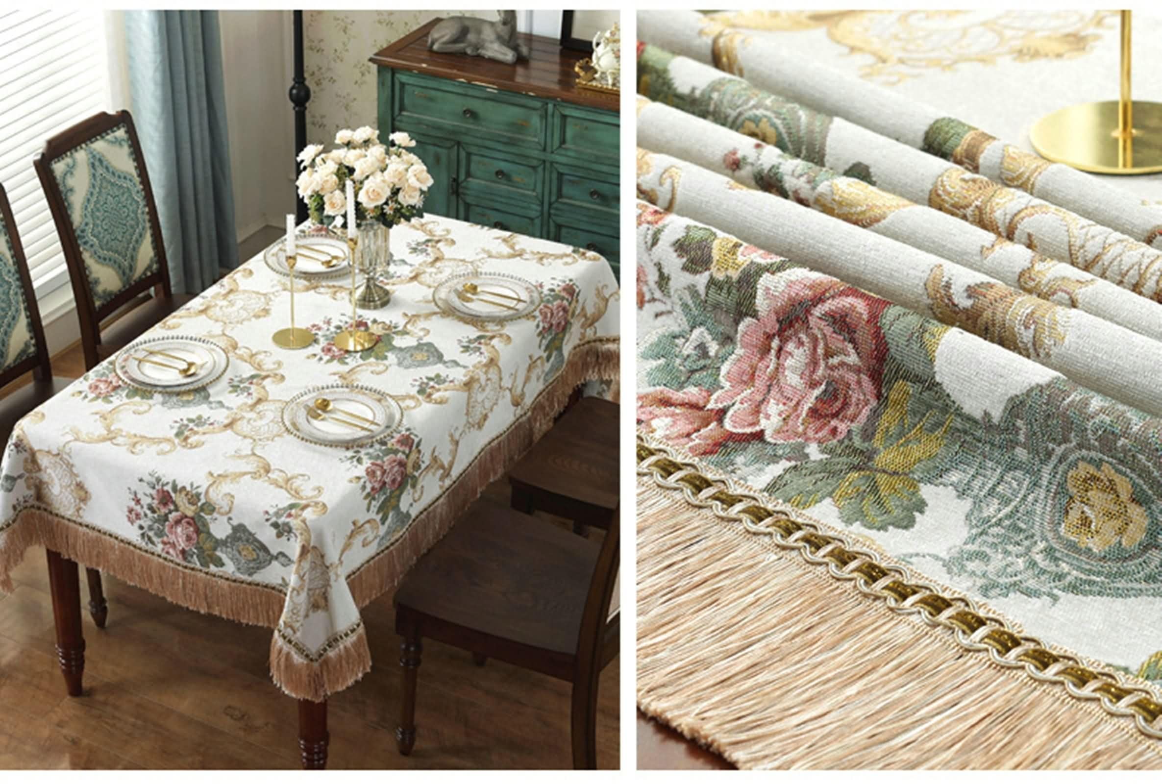 90x140cm Tischdecken Rechteckig, Tischwäsche für die Küche Chenille Vintage-Jacquard mit Blumen Und Quasten Tischdeko Fleckschutz Abwaschbar