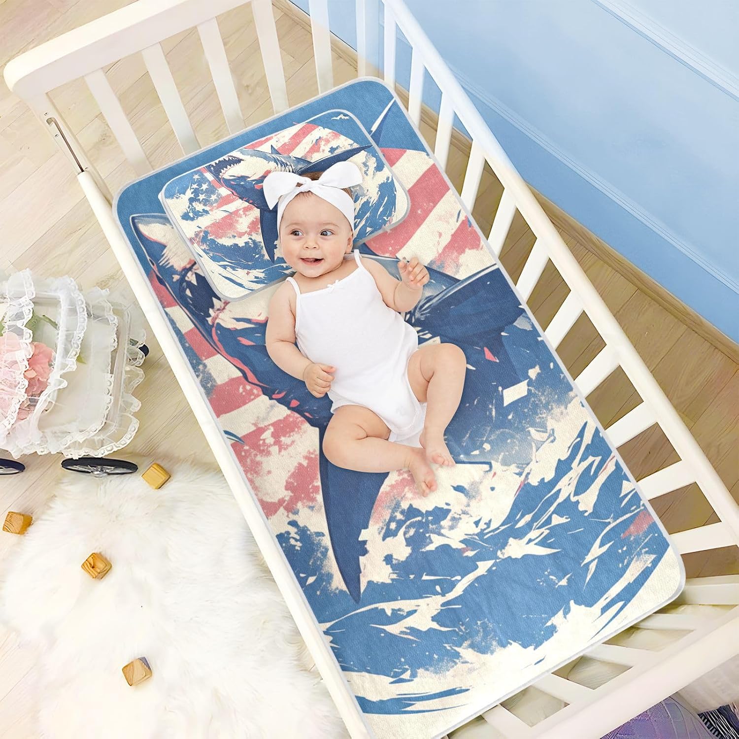 Cartoon Great White Fish sea Blue Cooling Baby Toddler Bed Mattress 28" x 52" Washable Crib Mattress pad for Baby&Toddler
