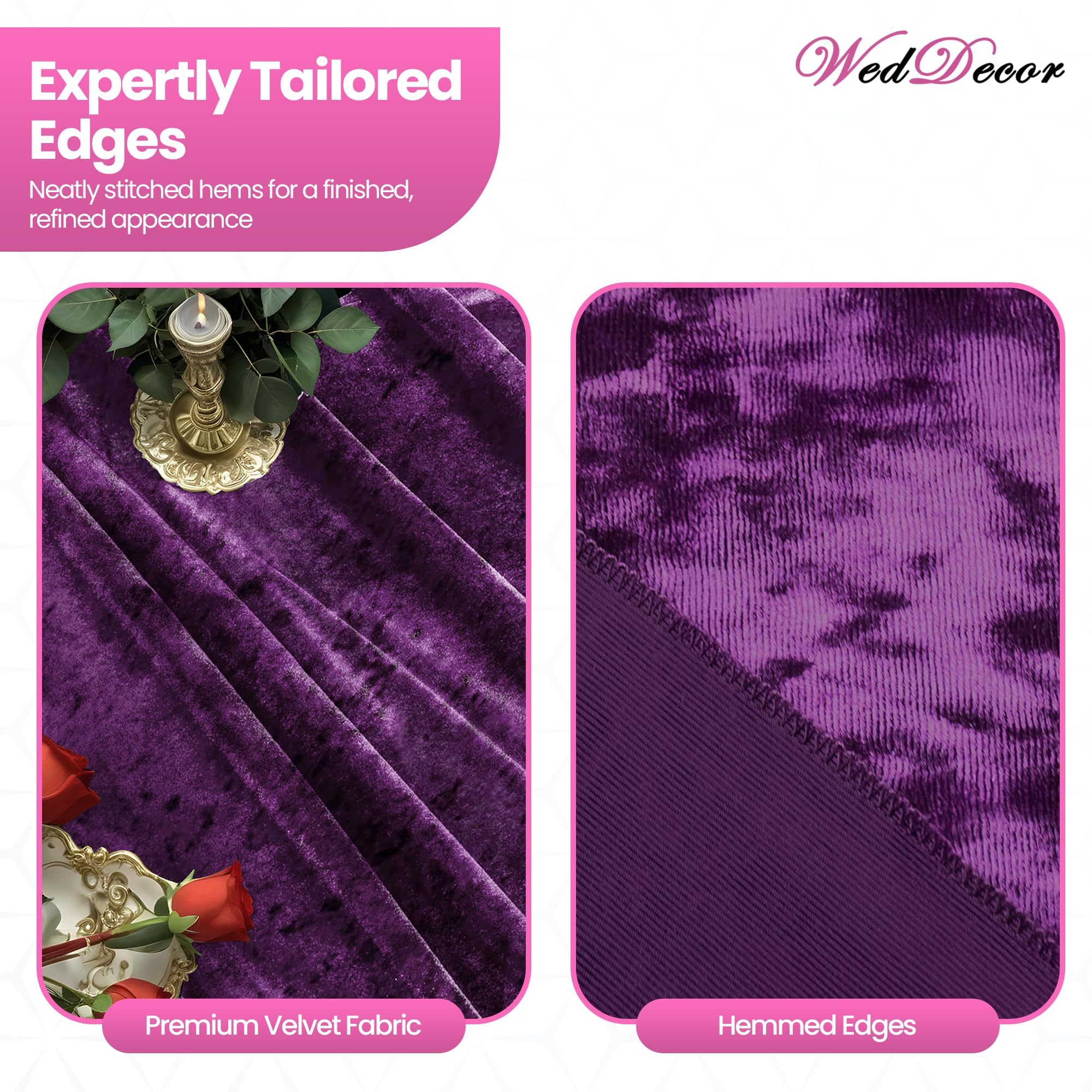 WedDecor Chemin de table en velours écrasé doux lavable pour mariage, cuisine, anniversaire, banquet, Noël et événements spéciaux, dîner, fête - 33 x 274 cm - Violet