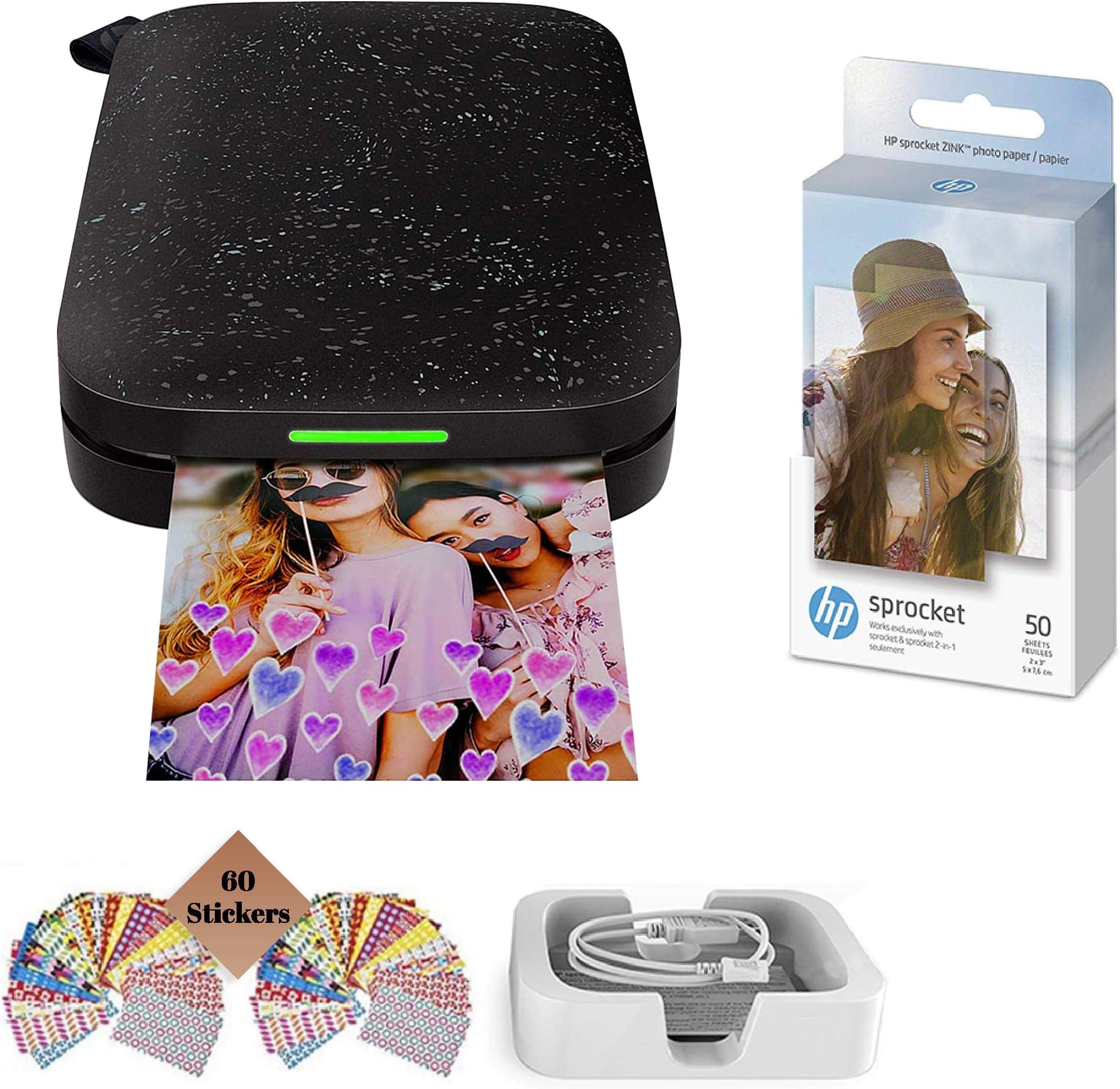 Hp Sprocket Photo Printer, Print Social Media Photos on 2x3 Sticky-Backed Paper (Black) + Photo Paper (30 Sheets) + USB Cable + 60 Decorative Stick-On Border Frames