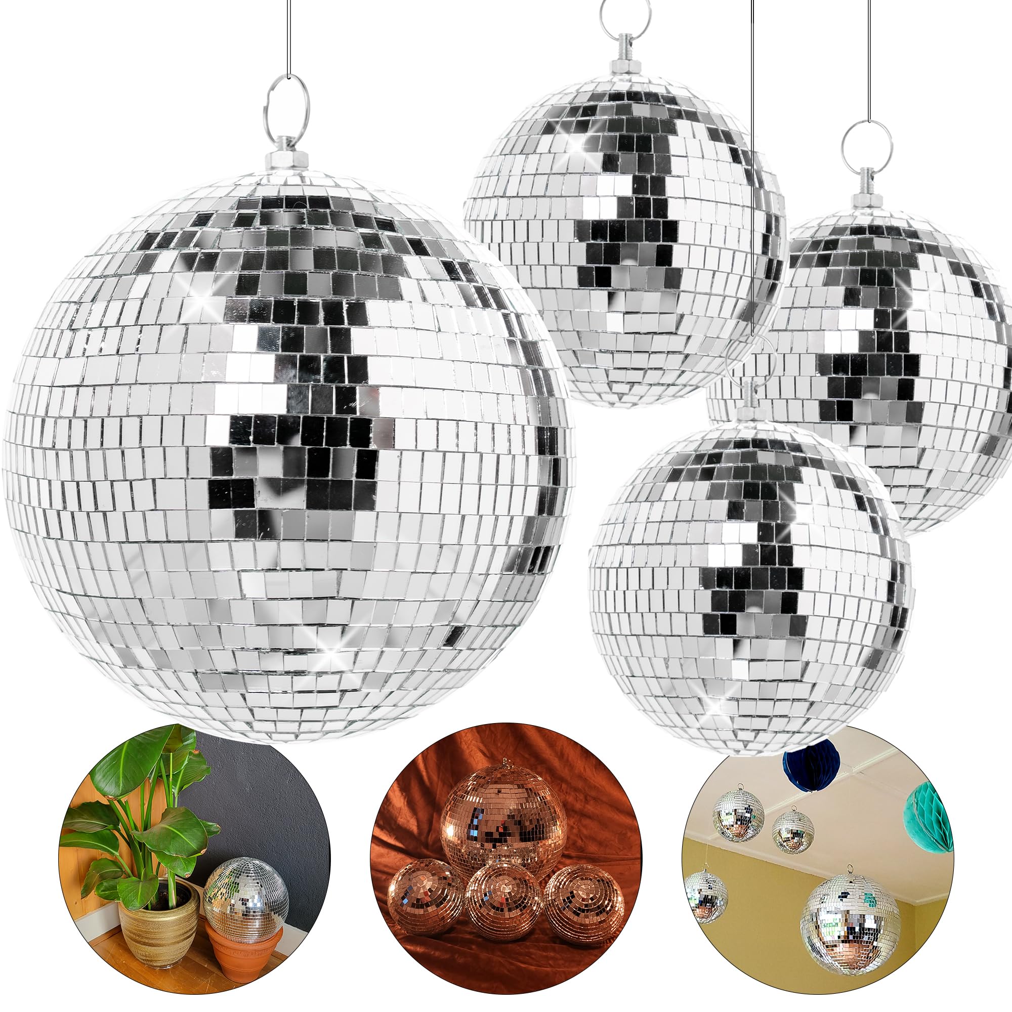 Pack of 4 Large Disco Balls - Disco Ball Set - Hanging Disco Balls Decor - Large Disco Ball for Room Decoration Different Sizes Bulk Disco Ball Centerpiece (6 inch and 12 inch)