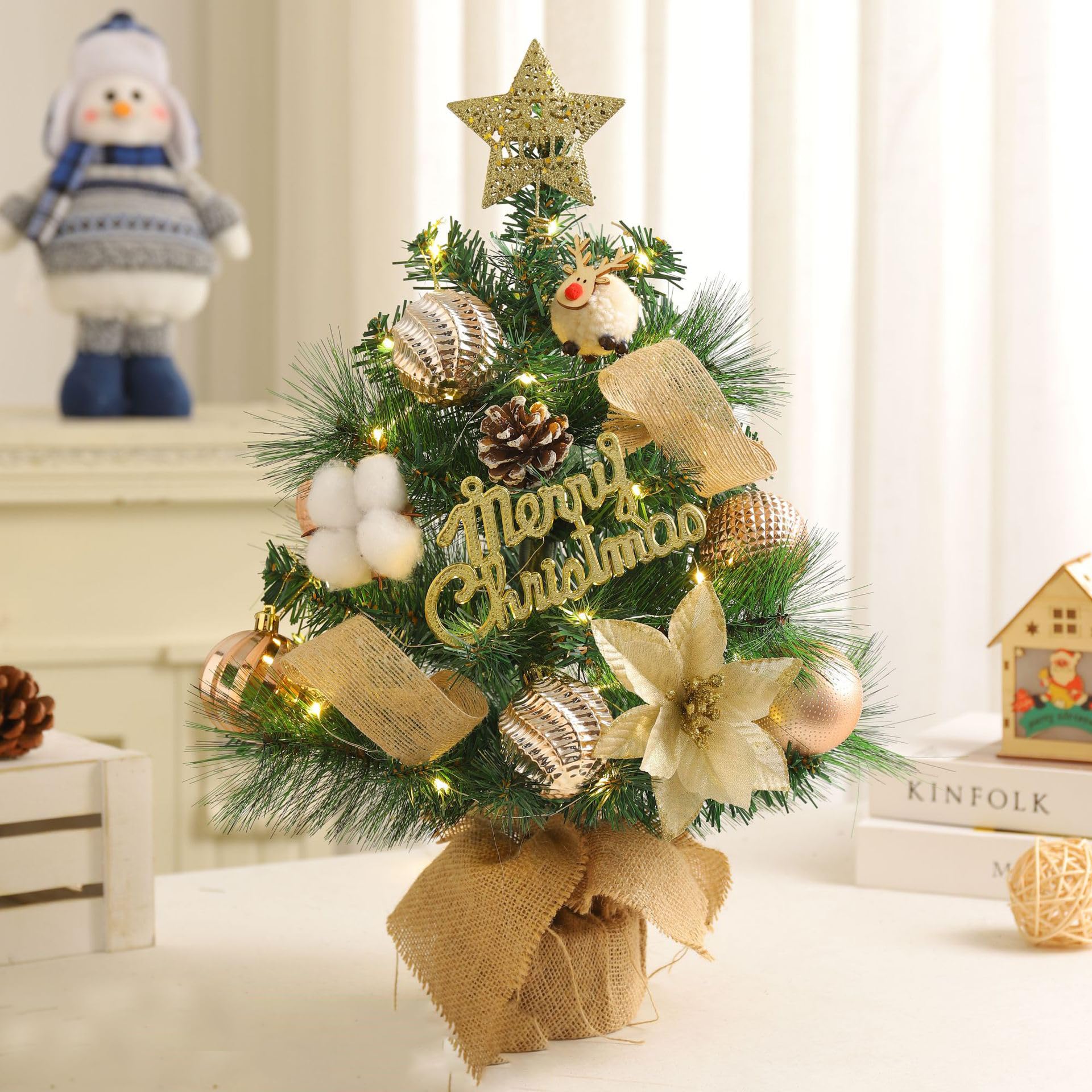 Mini Small Little Tabletop Prelit Christmas Tree 17.7 Inch Decorated Artificial Snow Xmas Tree with Ornaments Bow Pentagram Pinecones and LED String