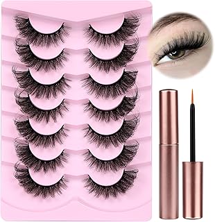 wiwoseo Fox Eye Lashes that Look Like Extensions False Eyelashes with Glue Cat Eye Lashes Fluffy Wispy Natural Volume D Curl 8D Volume Dramatic Faux Mink Lashes Strip 7 Pairs with Lash Glue