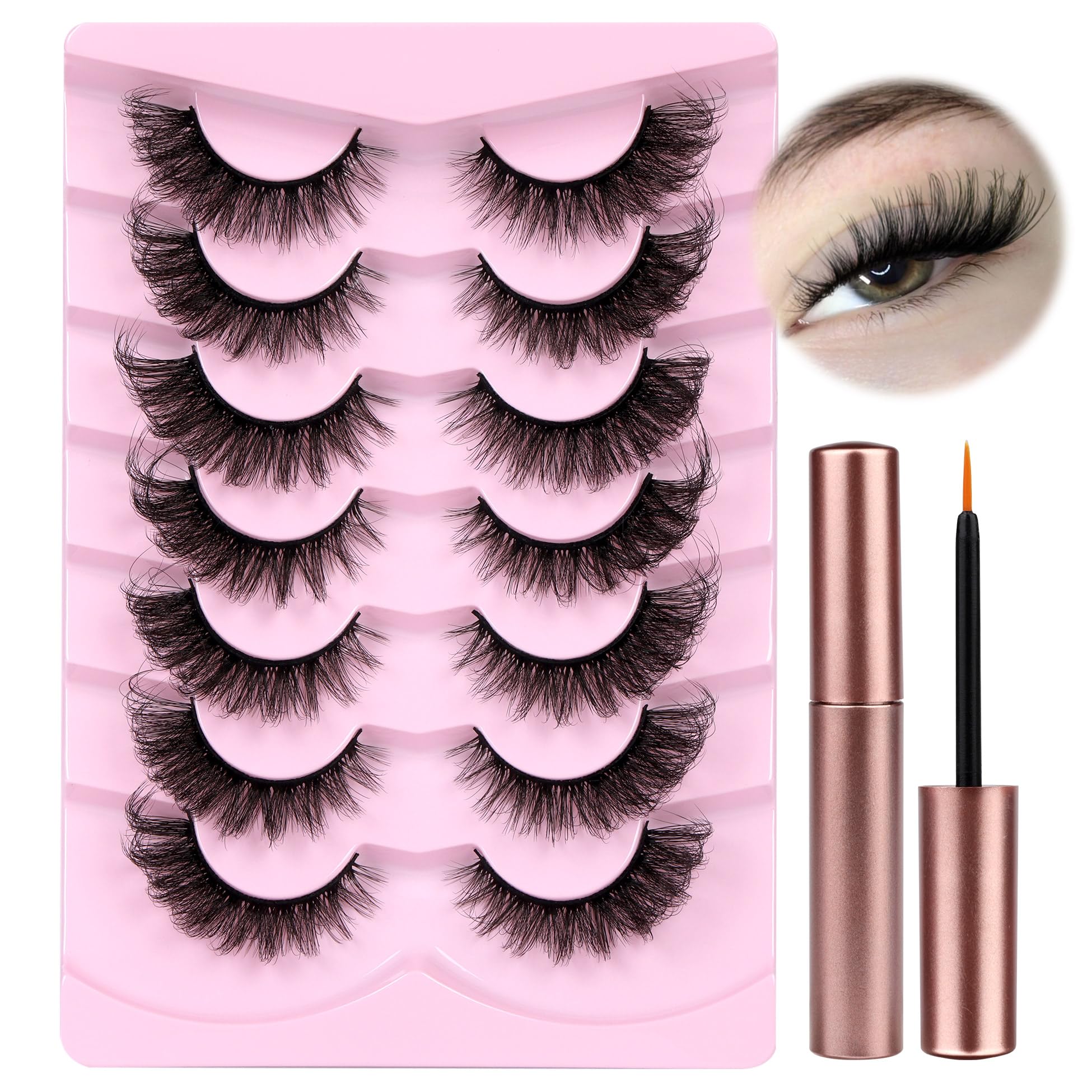 wiwoseoFox Eye Lashes that Look Like Extensions False Eyelashes with Glue Cat Eye Lashes Fluffy Wispy Natural Volume D Curl 8D Volume Dramatic Faux Mink Lashes Strip 7 Pairs with Lash Glue