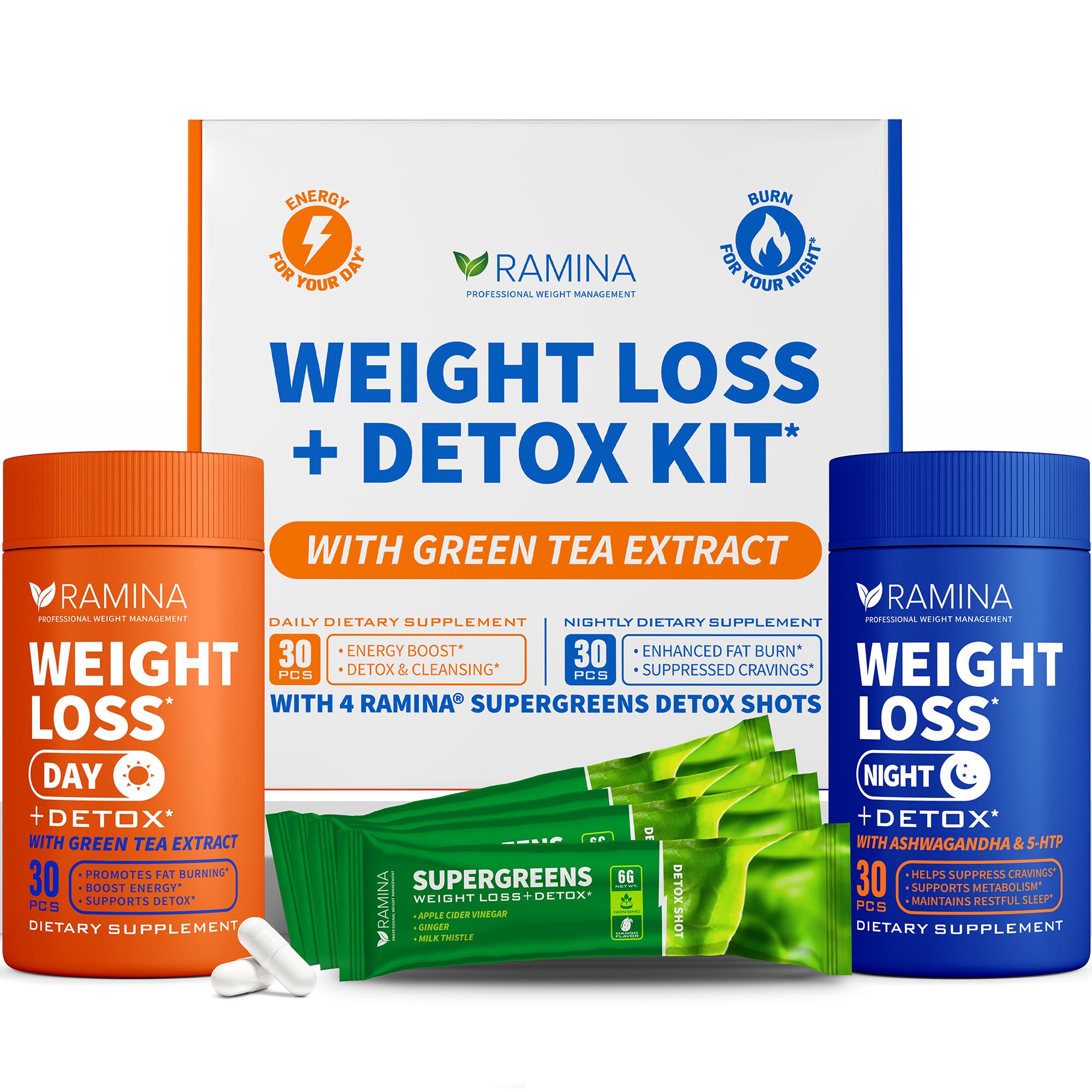 Ultimate Weight Loss Kit – 30 Day & Nighttime Detox Shots – Metabolism Booster & Appetite Control – Diet Supplements for Women & Men – Fat Burning & Weightloss Pills, Fat Burner & Appetite Suppressant