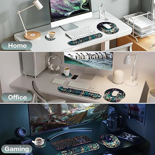 Miniatura 7 de Juego de almohadillas para mouse con reposamuñecas, 3 en 1, alfombrilla de mouse para juegos florales con base antideslizante, alfombrilla de mouse