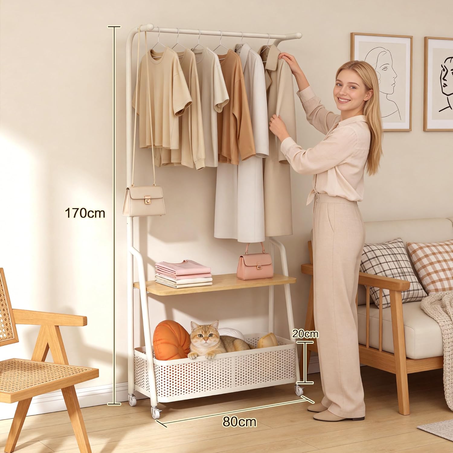 Coat Rack Freestanding with Wheels, 3-Tier Storage Garment Rack with Storage Basket, Rolling Organizer for Coats, Hats, Bags & Clothes, Coat Hanger Stand for Entryway Bedroom (H 66.9" x W 32")