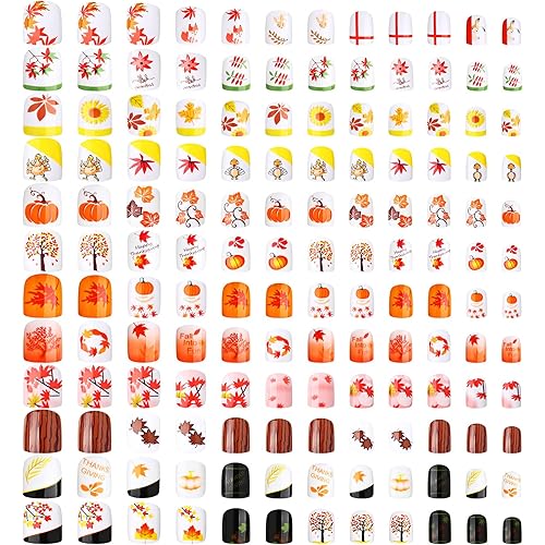 Maitys 288 Pieces 12 Sets Fall Thanksgiving Press on Nails Short Square Fake Nails Autumn Artificial Nail Full Cover Acrylic False Nails with Maple Leaf Pumpkin Pattern for Women DIY(Maple Series)