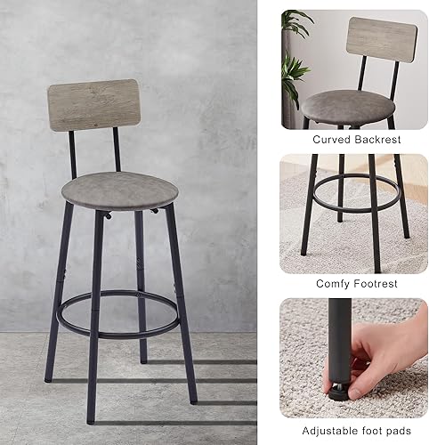 Miniatura 7 de Juego con 2 taburetes de bar PU asiento suave con respaldo y reposapiés, sala de estar, comedor y espacios pequeños, fácil de montar, gris, mesa y