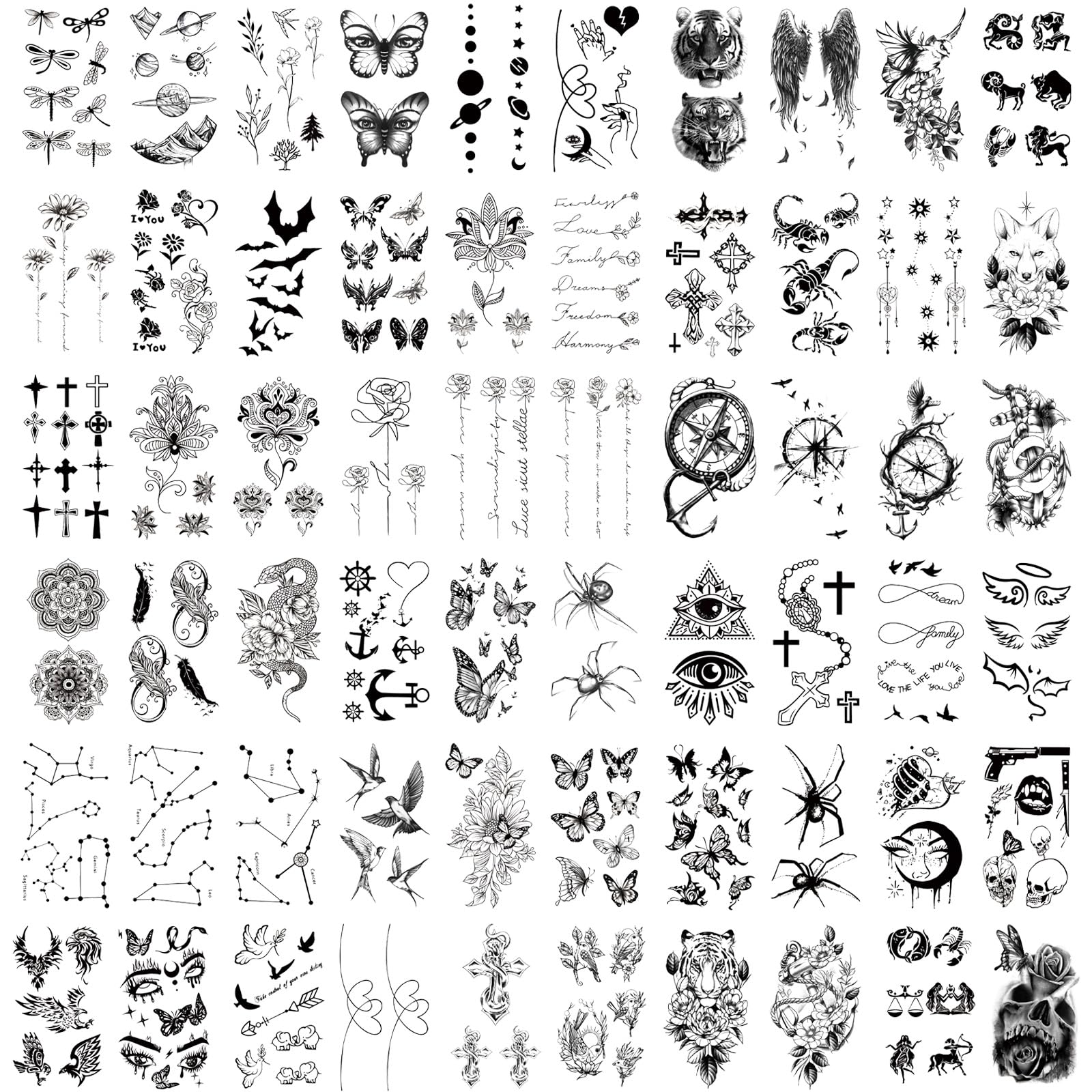 77 hojas de tatuajes temporales impermeables para niñas o niños, 17 hojas más grandes, medio brazo, león, lobo, búho, alce, serpiente, mariposa, rosa, tatuajes falsos para hombres o mujeres y 3