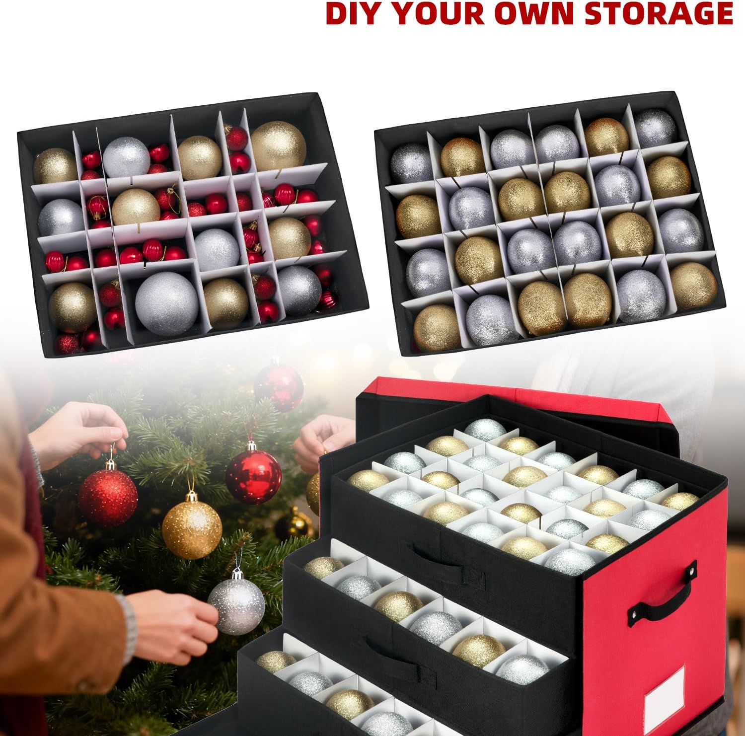 JY COOKMENT Christmas Ornament Storage Box with Adjustable Dividers, Large Holiday Ornaments Storage Container Bin with Lid for Xmas Decorations (72-3" Balls, Red, With Removable Tray) - Image 7