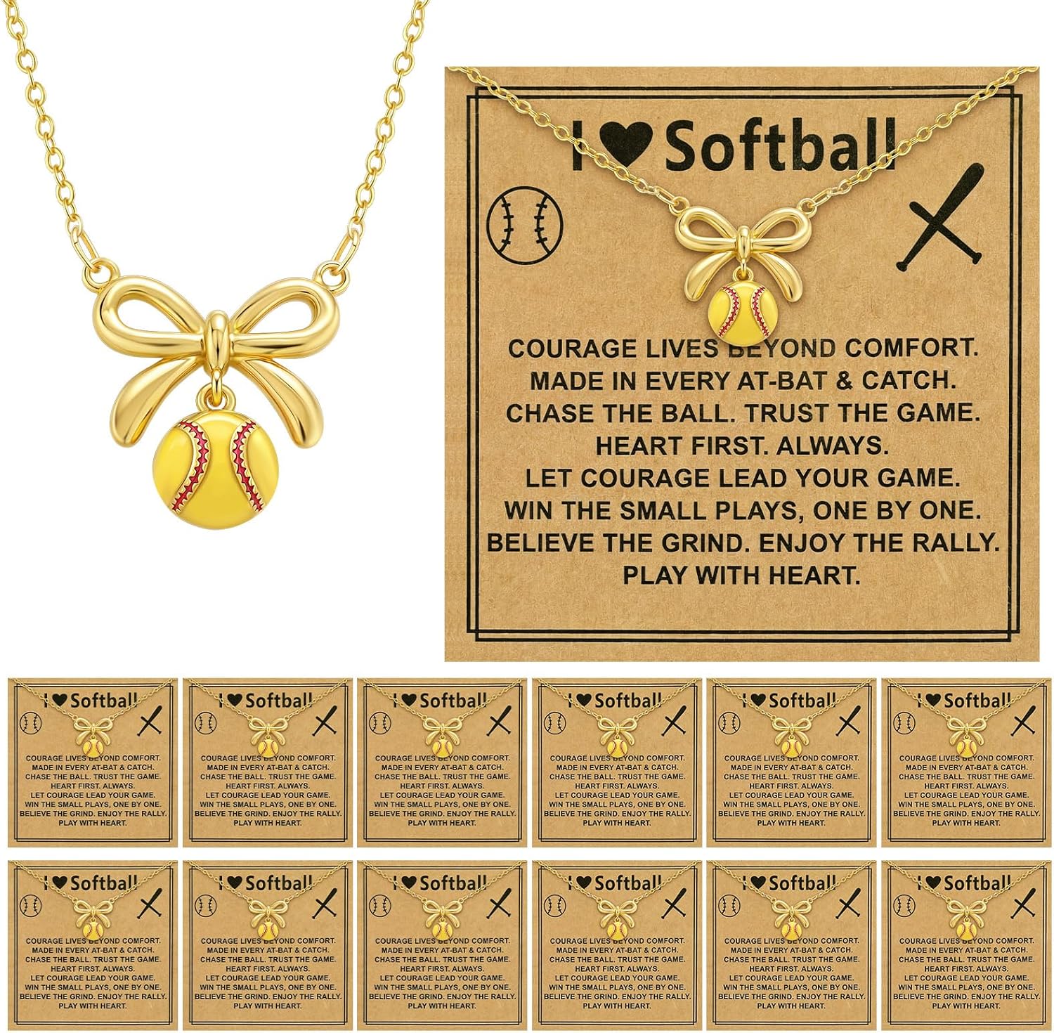Kingdder 12 Set Softball Necklaces for Women Inspirational Brass Bow Pendant Adjustable Sport Accessories Birthday Christian Jewelry for Team Coach Player Sports Lovers