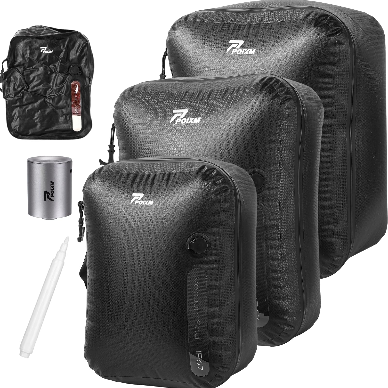 POIXM Vacuum Bags for Travel with Wireless Pump, 180° Open Zipper, IP67 Waterproof, Reusable Space Saver Compression Bags for Backpack, Suitcase, Home Storage(3 Pack + Pump)