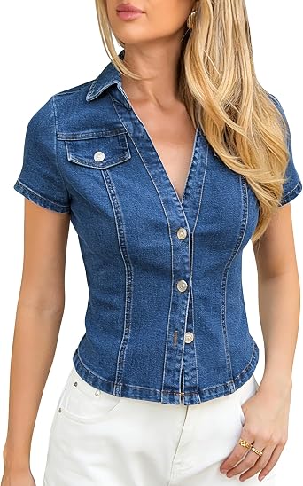Womens Button Down Denim Shirt Short Sleeve V Neck Slim Fit Jean Top Summer