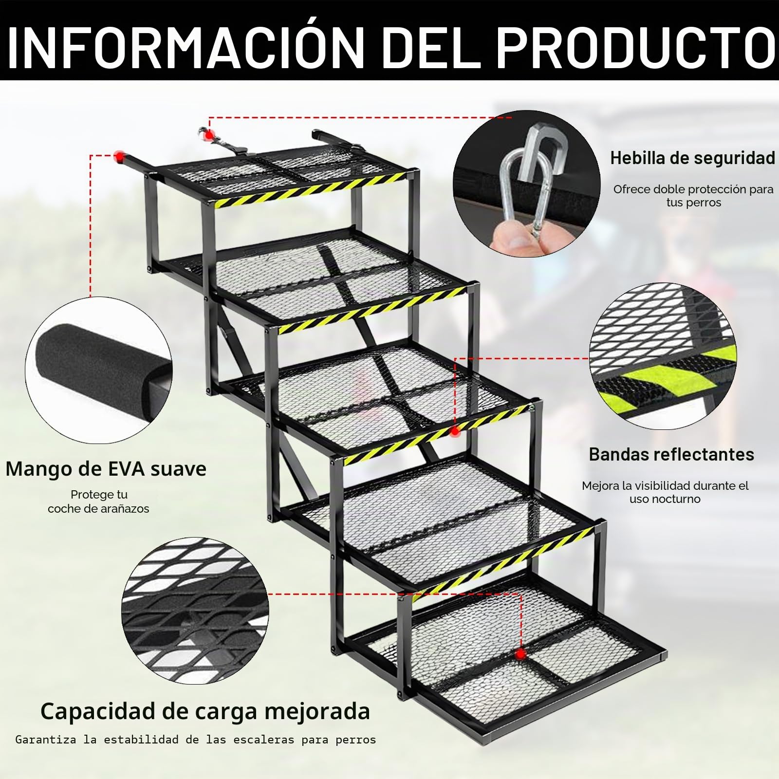 Rampa para Perros, Escaleras Perros 5 Peldaños Rampa Plegable Coche Perros Pequeños Medianos Y Grandes Escaleras Antideslizantes para Camiones Y SUV Soporta hasta 100Kg 35-90cm Altura Ajustable