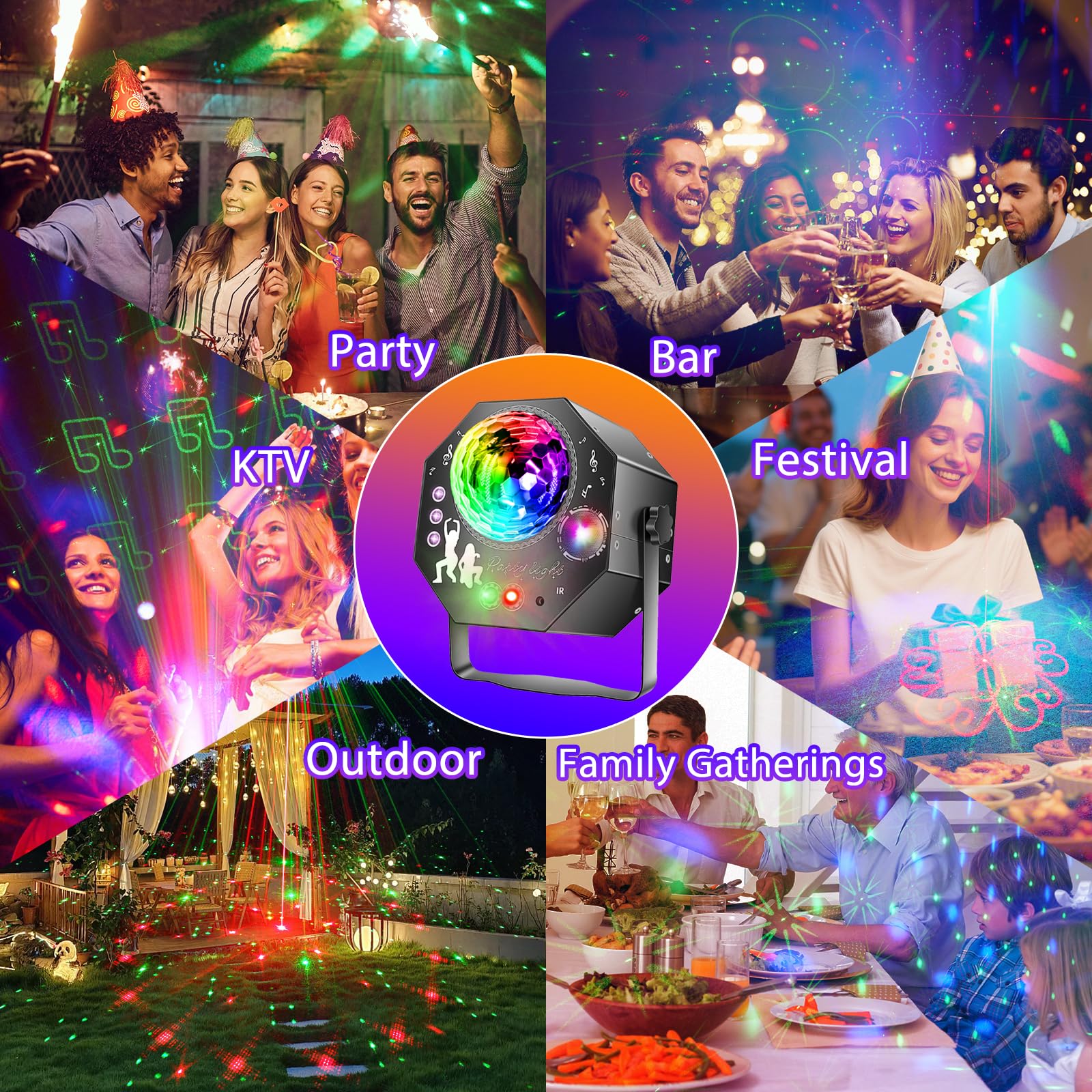 4-in-1 Discokugel mit Motor und Licht, Discolicht Partylicht 64 Muster, Musikgesteuert Disco Party Lampe mit Fernbedienung, RGB UV Stroboskop für Wohnungen Räume Bar Klub Outdoor Geburtstag Party