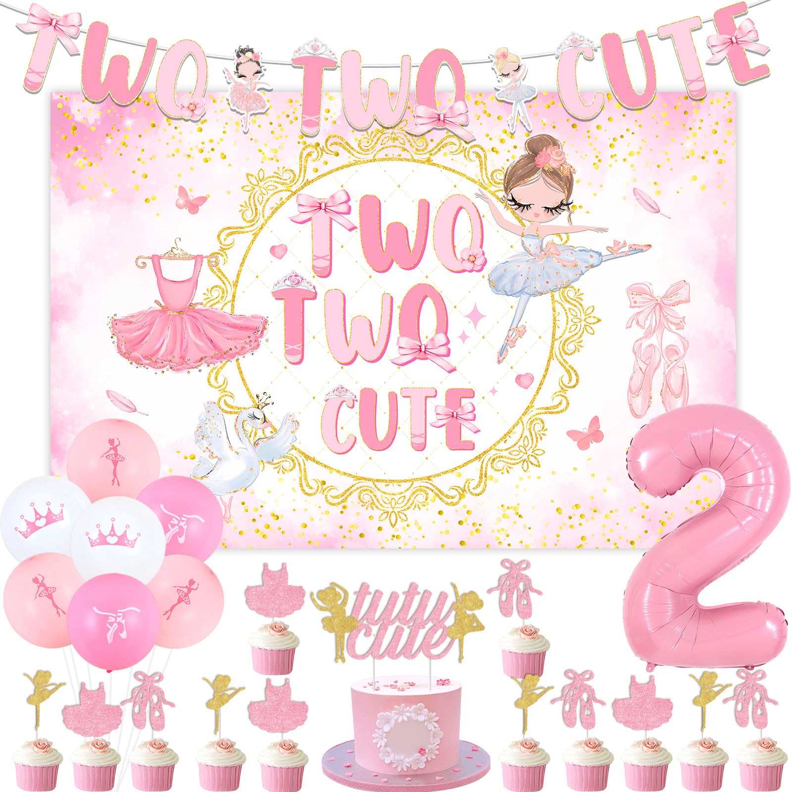 Tutu Cute 2nd Birthday Decorations, Ballerina Party Decorations Backdrop Banner, Tutu Cute Cake Cupcake Toppers for Girl 2nd Birthday