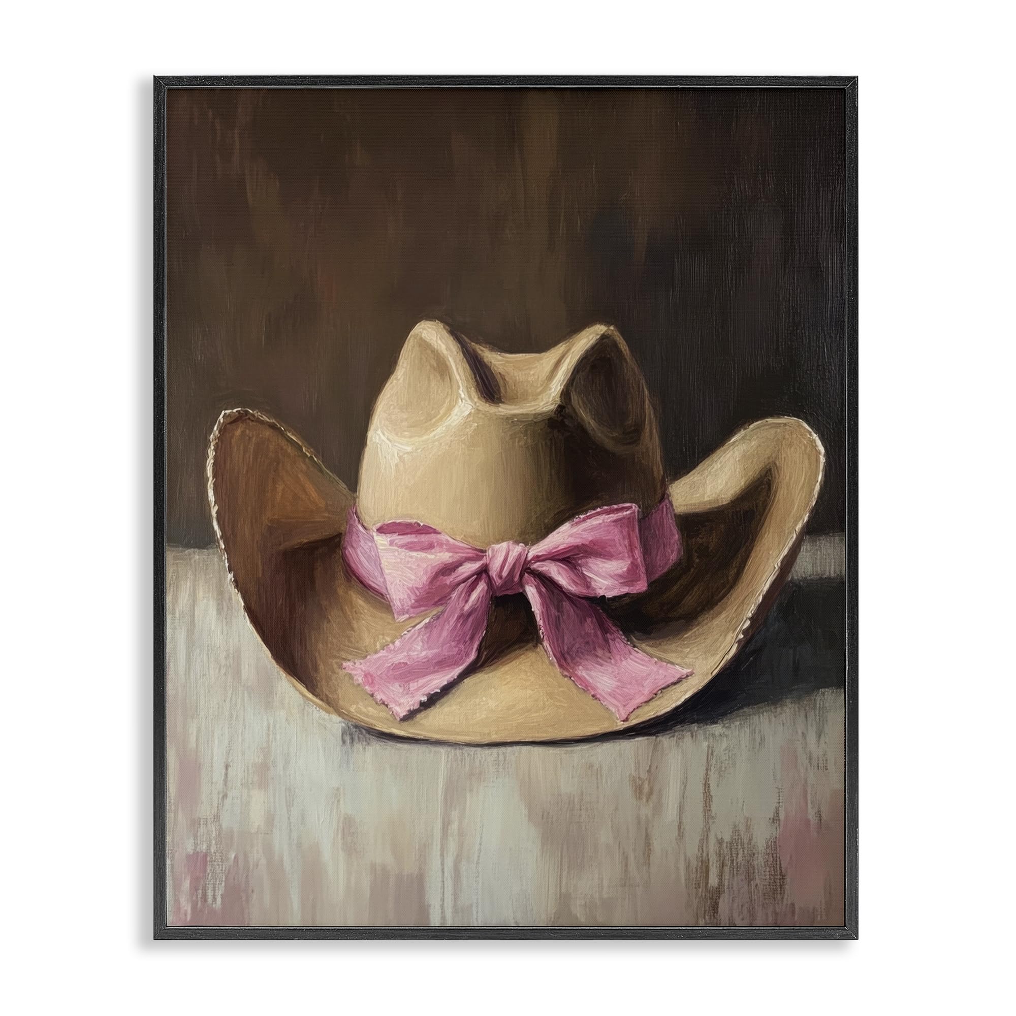 Chapeau de cowgirl avec nœud rose décoration murale encadrée 50x40cm gris