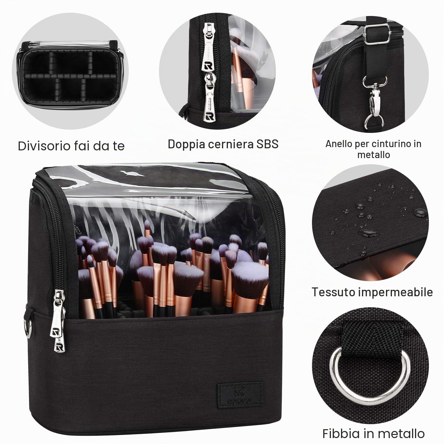 Trousse per pennelli da trucco, organizer multifunzionale per pennelli cosmetici con tracolla, organizer impermeabile per articoli da toeletta per donne e ragazze (nero, grande)