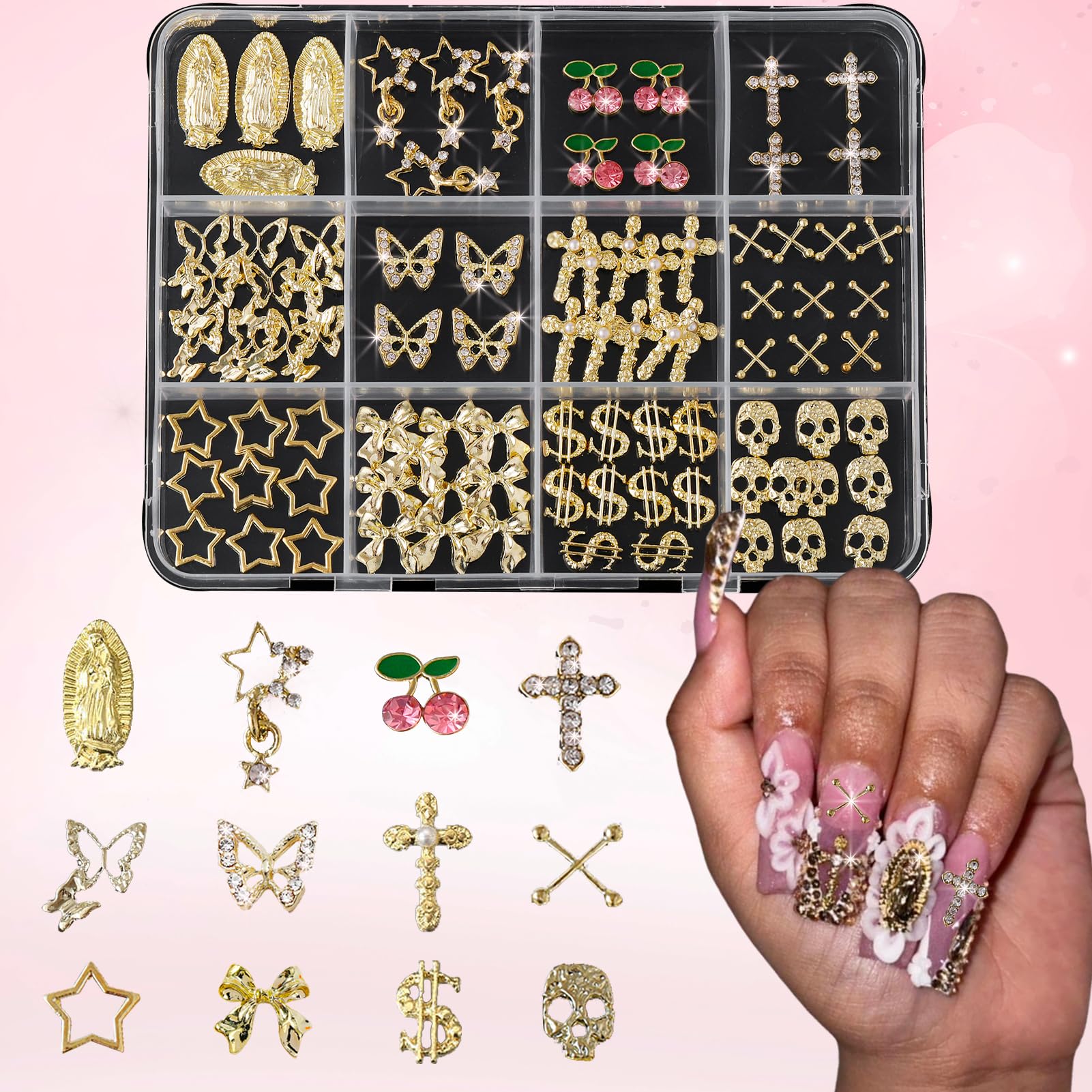 ALGLEA 90pcs Gold Nail Charms Set with Cross, Bow, Butterfly, Cherry, Money, Star, Skull and Virgin Mary - Y2K 3D Gold Charms for Nail Decorations